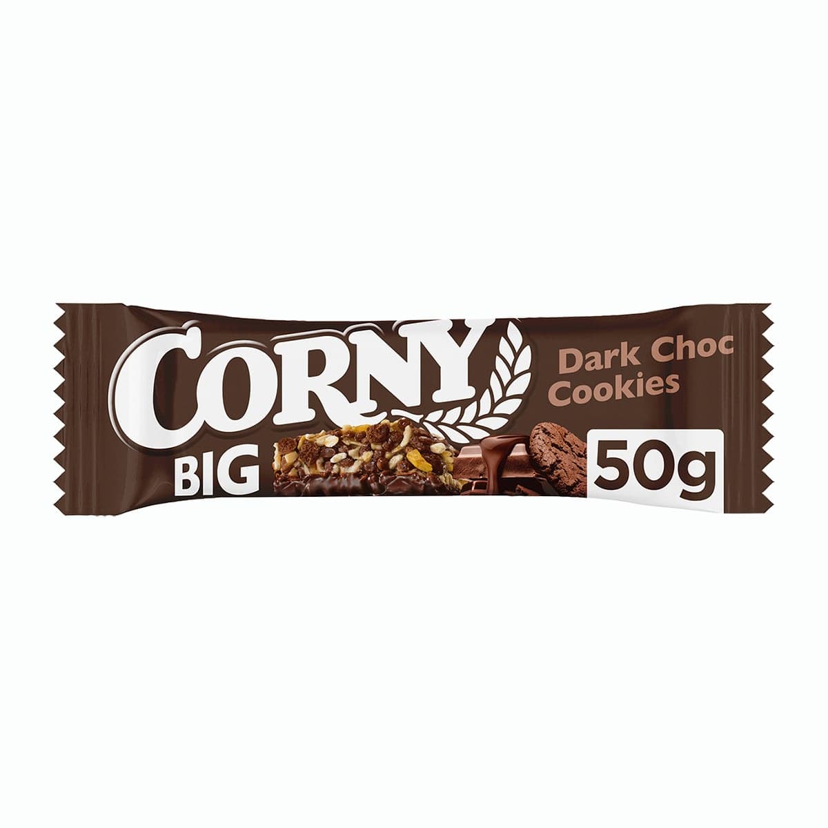 Corny BIG Cereální tyčinka s kousky kakaových sušenek, polomáčená v hořké čokoládě