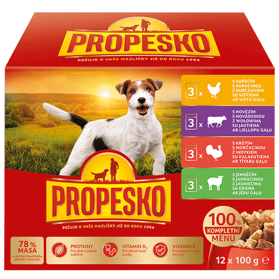 Propesko Kapsičky pro psy 3×kuřecí, 3×hovězí, 3×krůtí, 3×jehněčí