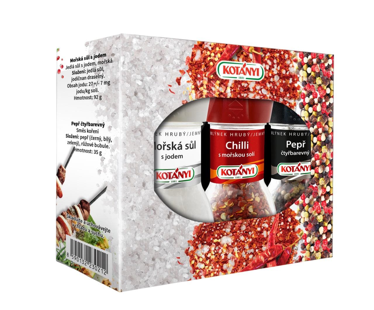 Kotányi Krabička se 3 mlýnky (pepř, sůl, chilli) 162 g