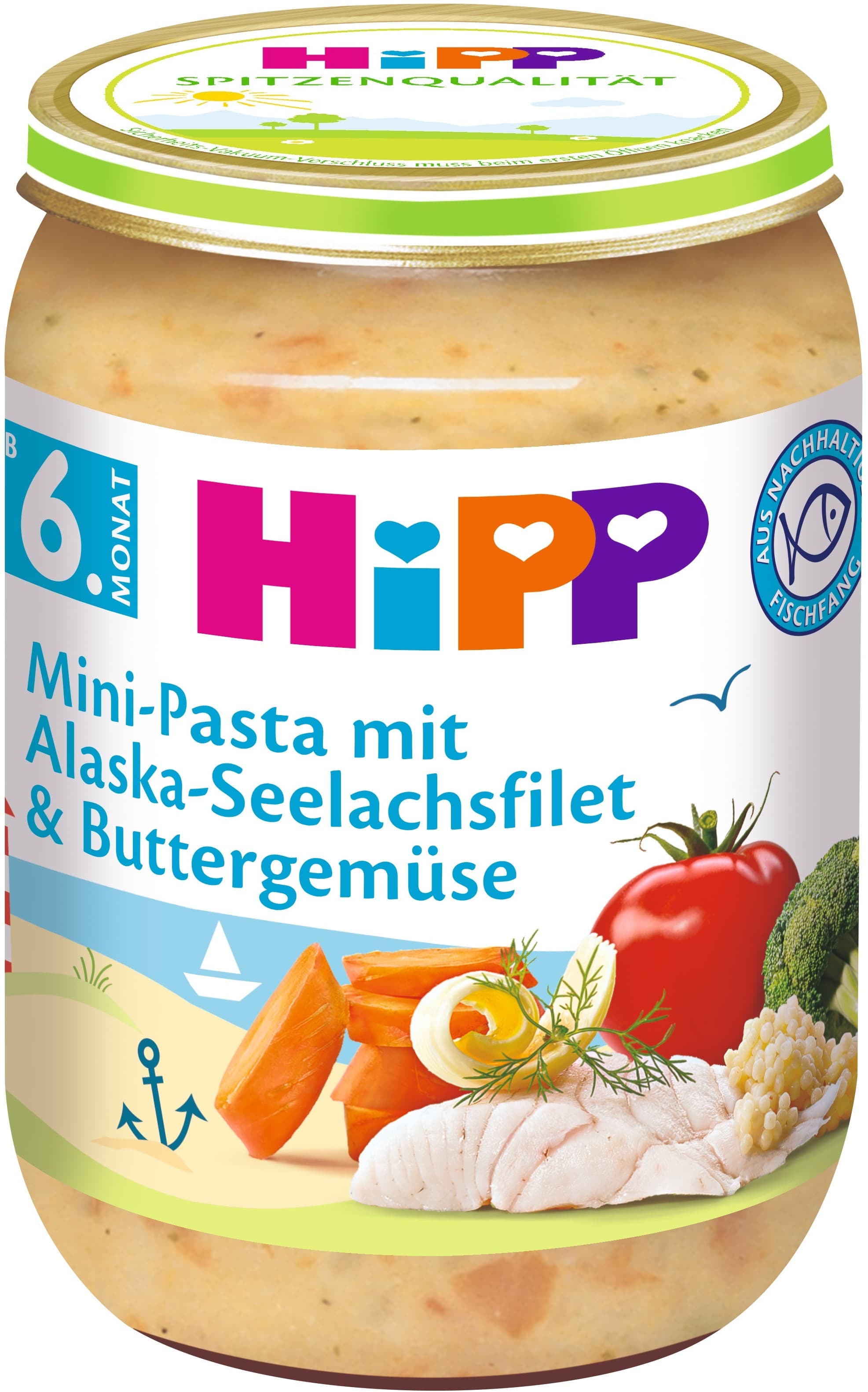 HiPP Těstoviny s aljašskou treskou v máslové zelenině
