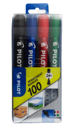 Pilot 100, kulatý permanentní popisovač, 4 barvy, šířka stopy 1 mm, šířka hrotu 4,5 mm