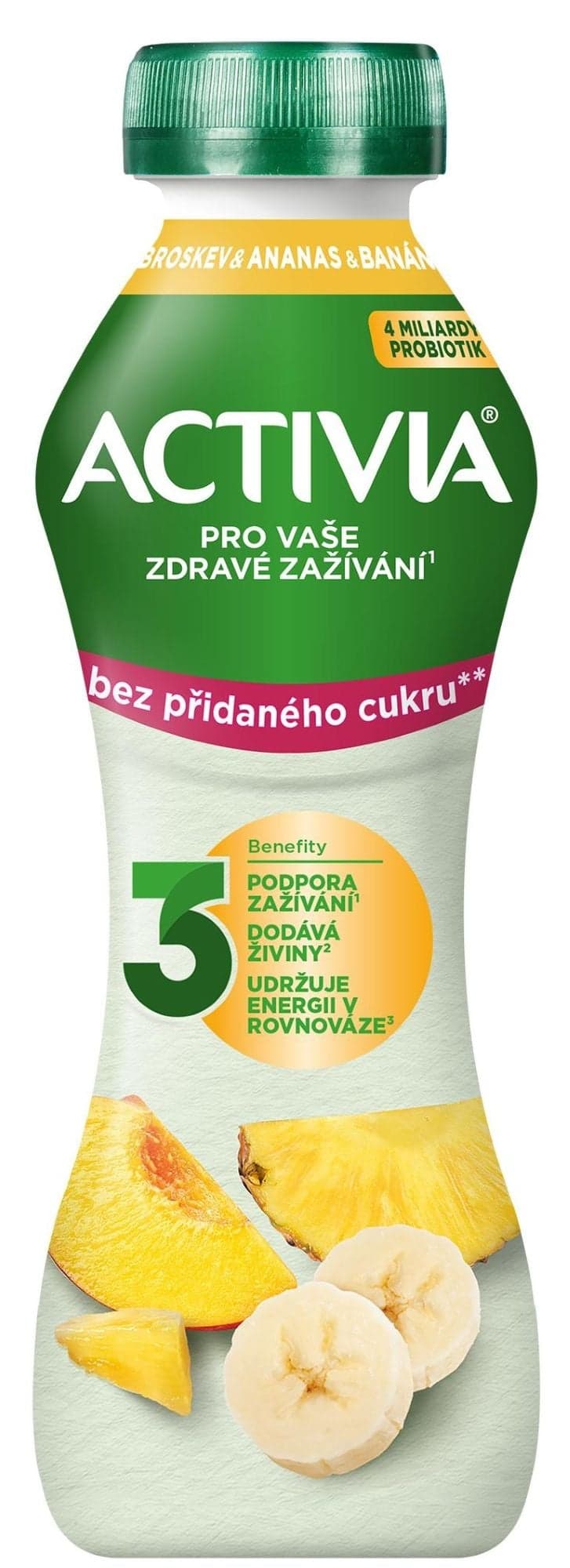 Activia Probiotický jogurtový nápoj broskev, ananas a banán bez přidaného cukru