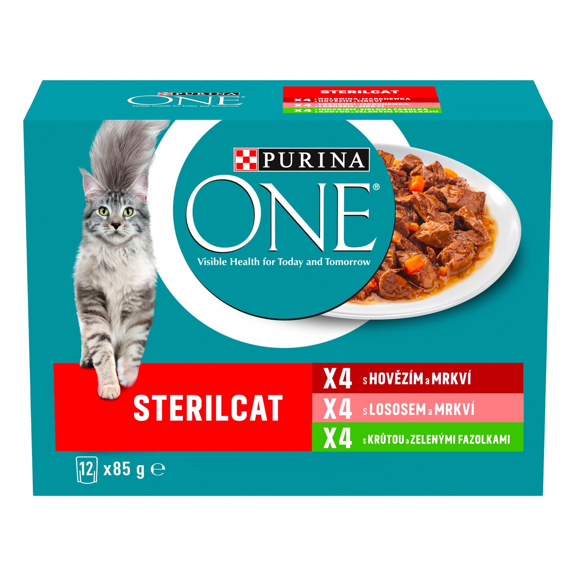 Purina ONE Sterilised kapsičky pro kočky hovězí, losos, krůta ve šťávě 12×85 g