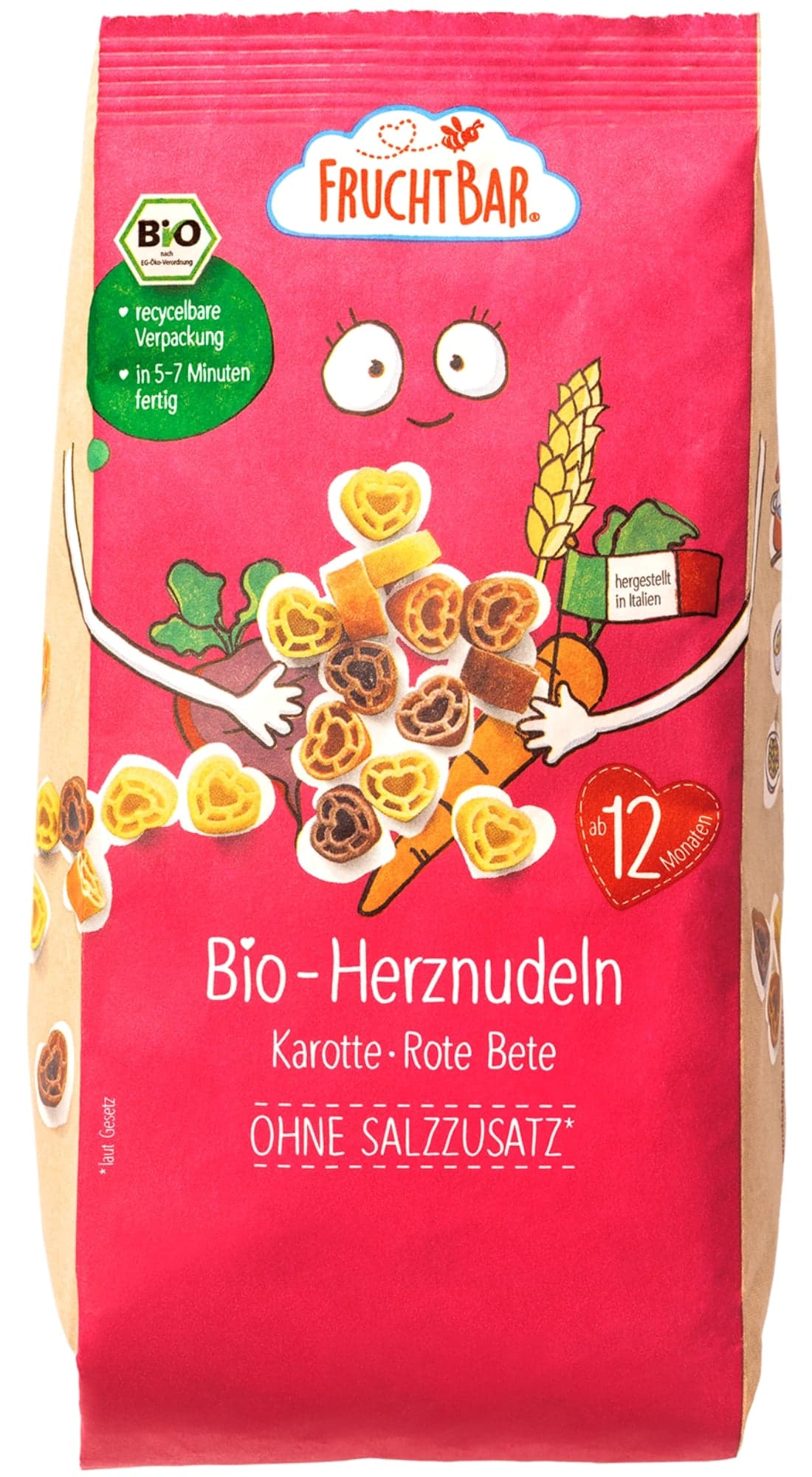 FruchtBar BIO Těstoviny srdíčka s mrkví, řepou a pšenicí