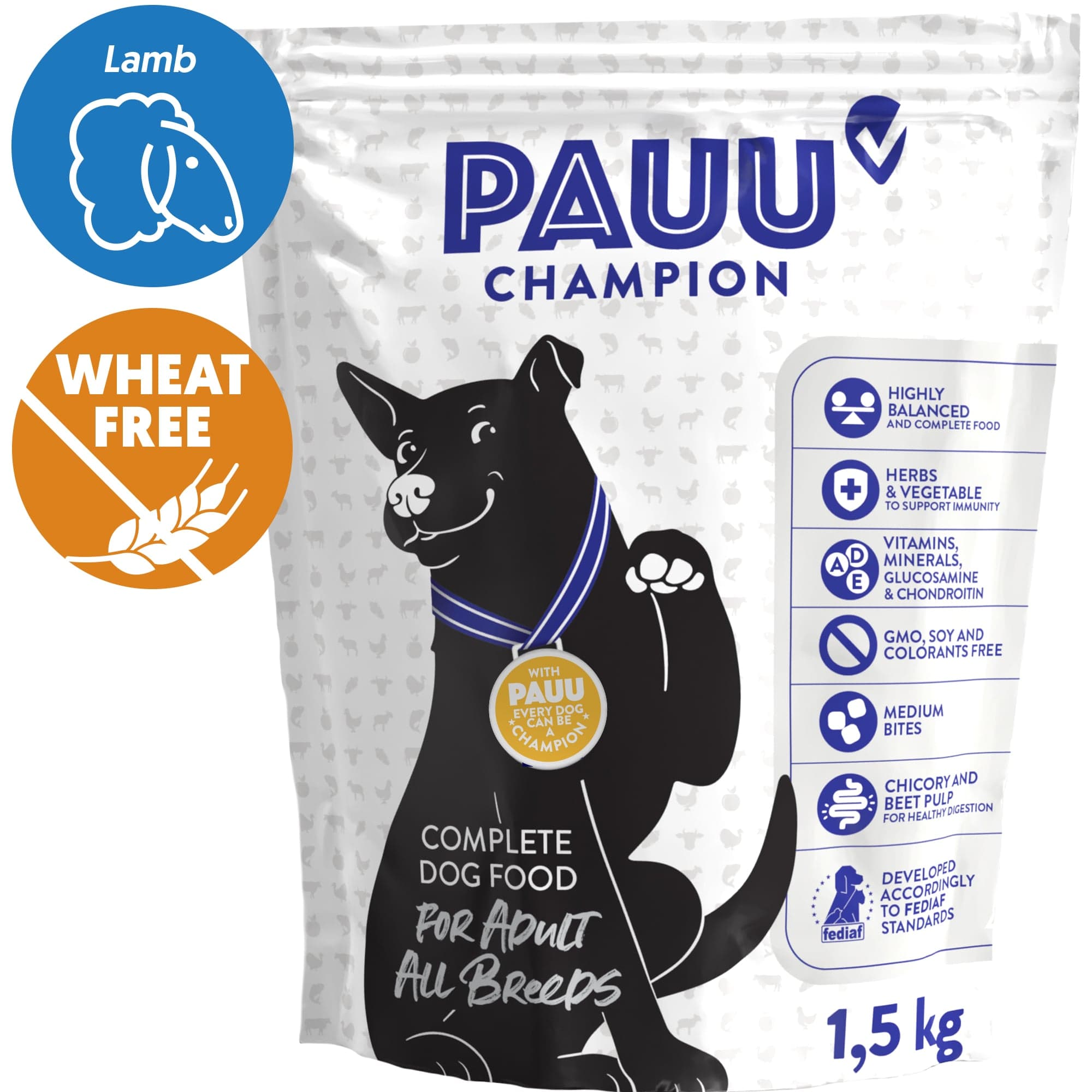 Pauu Champion Sensitive monoprotein granule s čerstvým jehněčím a rýží pro psy 1,5 kg