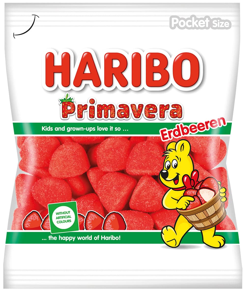 Haribo Primavera Erdbeeren Bonbóny ve tvaru jahod s marshmallow příchutí