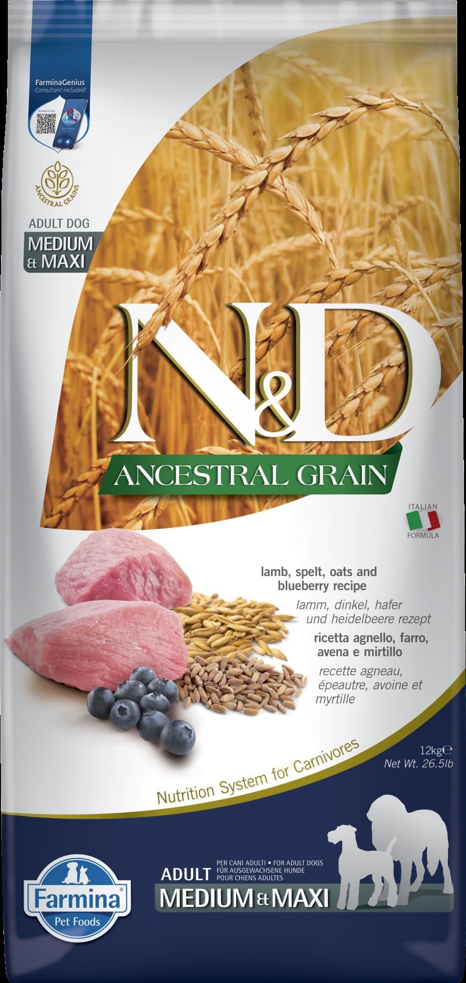 N&D Ancestral Grain granule pro dospělé psy středních a velkých plemen s jehněčím a borůvkami