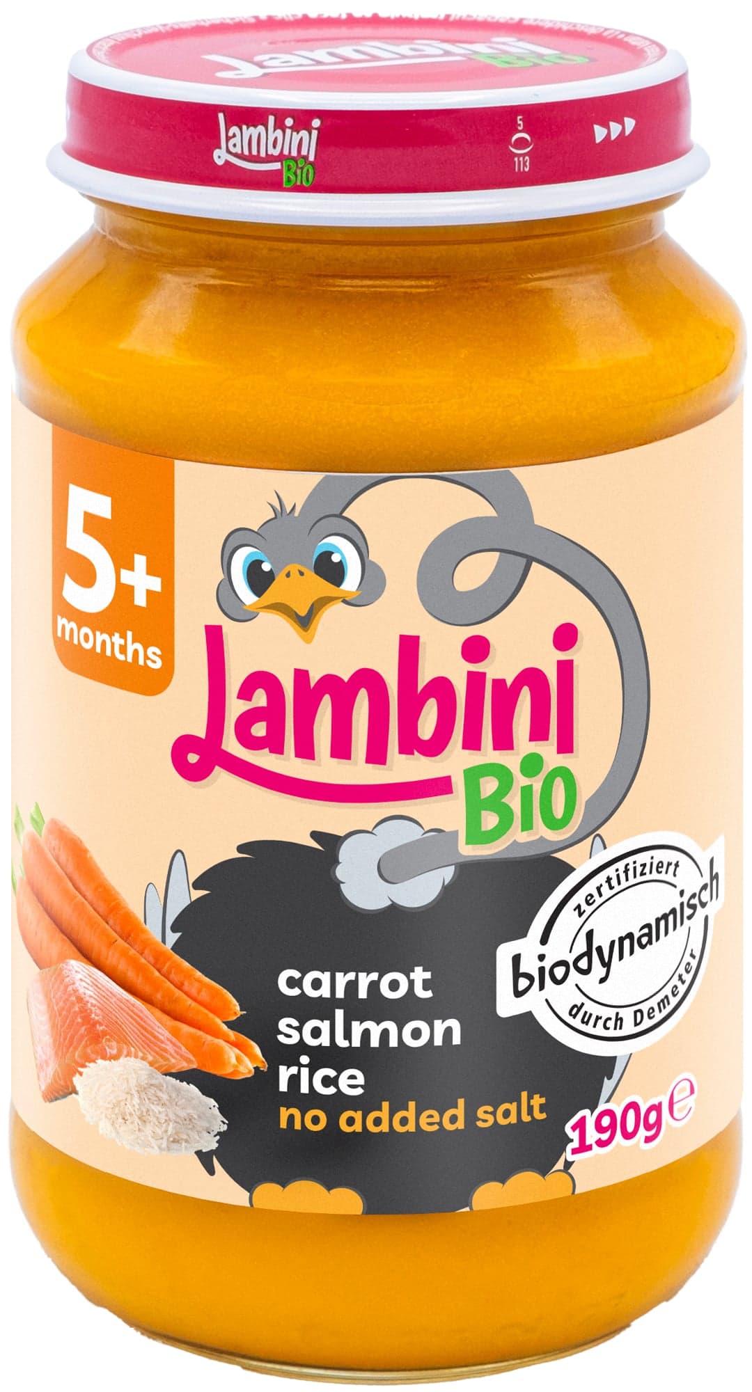 Lambini BIO Demeter příkrm mrkev, rýže a losos