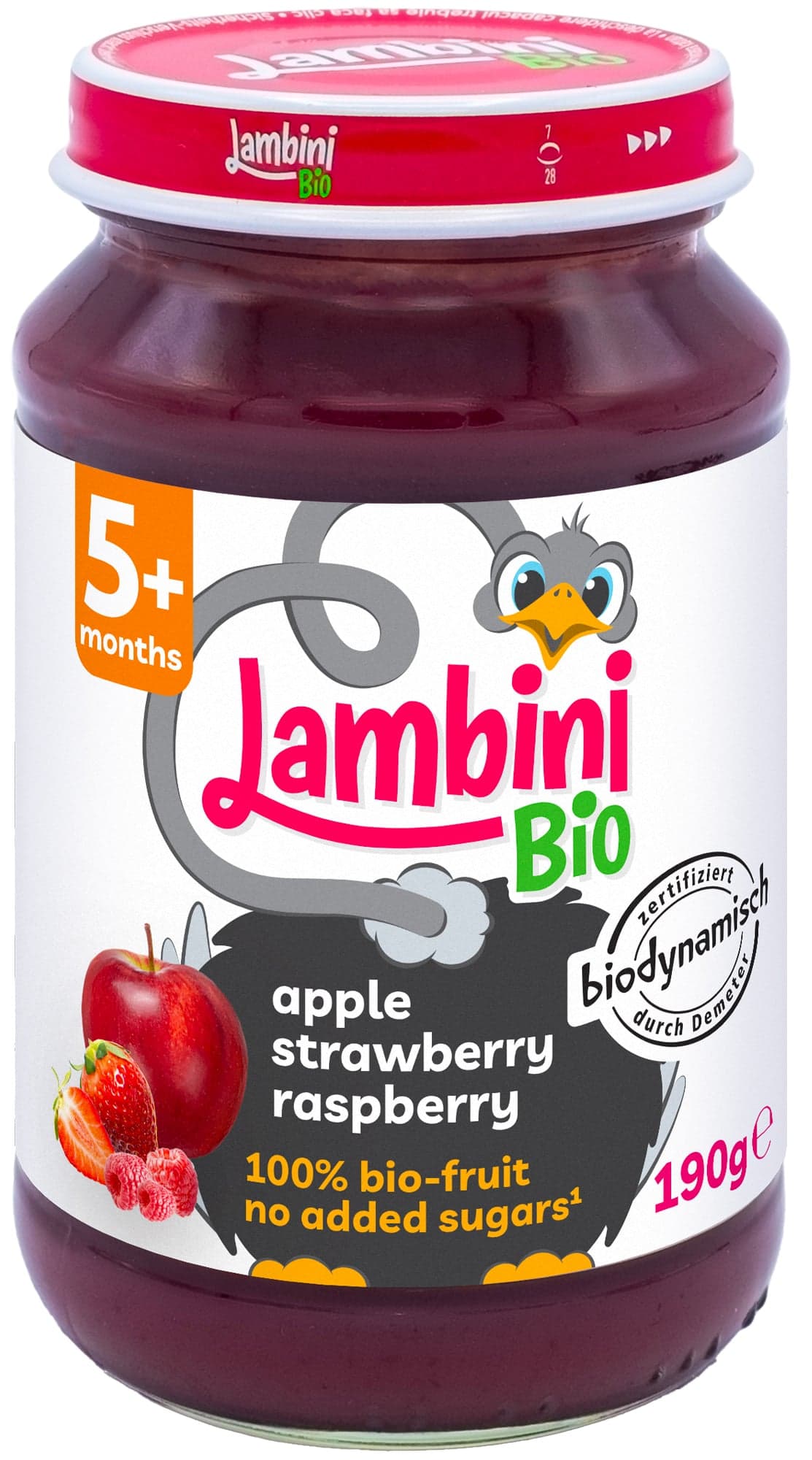 Lambini BIO Demeter příkrm jablko, jahoda a malina