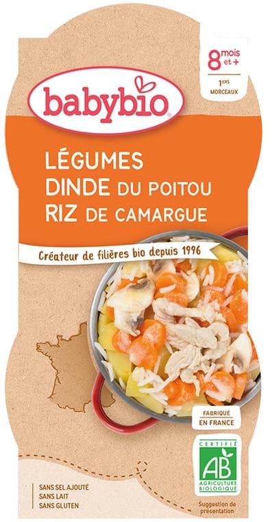 Babybio BIO Zelenina s krůtím masem a rýží, 2×200 g