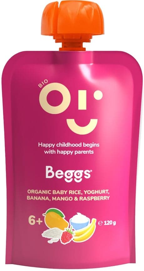 Beggs BIO Dětská rýže s jogurtem, banánem, mangem a malinami 120 g