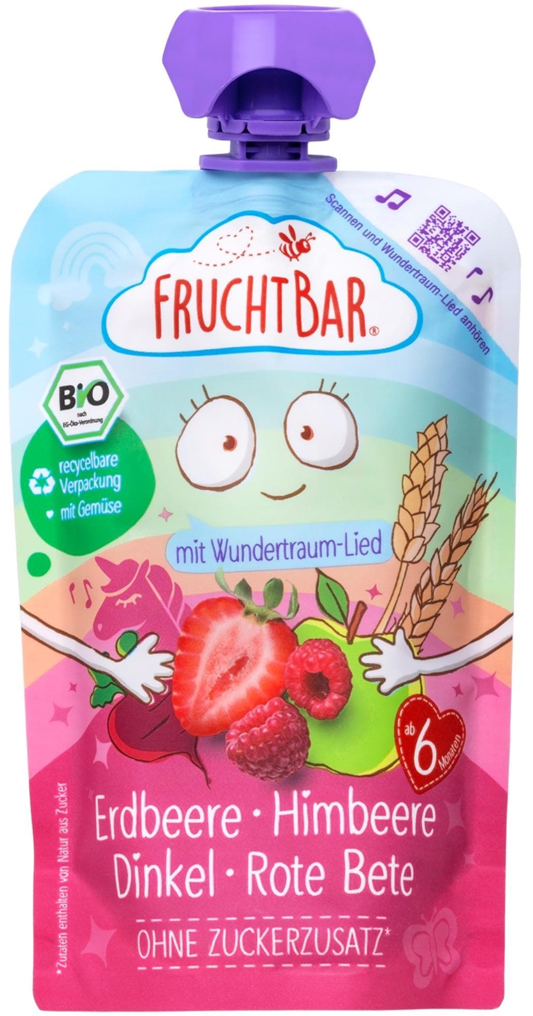 FruchtBar BIO Ovocná kapsička s jahodami, malinami, červenou řepou a špaldou