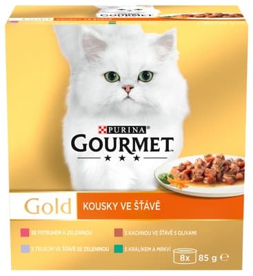 Gourmet Gold konzervy pro kočky kachna, pstruh, králík, telecí ve šťávě 8x85g