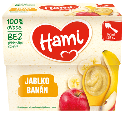 Hami Ovocný příkrm, 100 % ovoce, jablko a banán, 4x 100g
