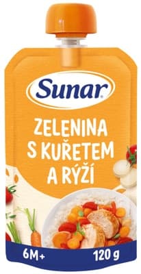 Sunar Příkrm zelenina s kuřetem a rýži, 6 m+