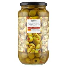 Zelené olivy plněné paprikovou pastou ve slaném nálevu 935g