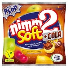 nimm2 Soft + Cola plněné žvýkací ovocné bonbony s vitaminy s příchutí koly 90g