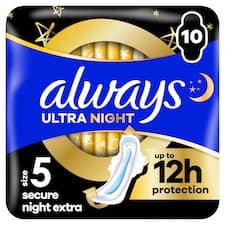 Always, Hygienické Vložky Ultra Secure Night Extra (Velikost 5), Křidélka x 10, Vložky