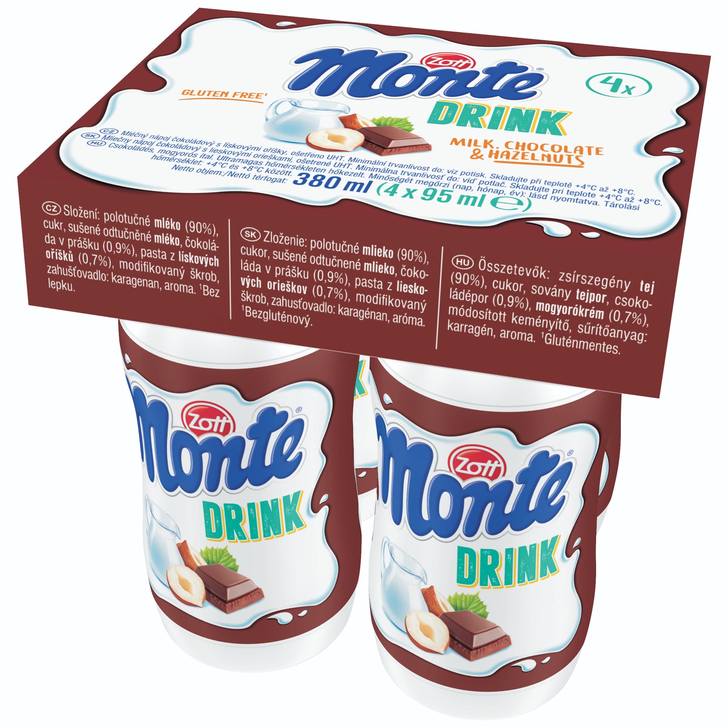 Zott Monte Mléčný nápoj čokoládový s lískovými oříšky 4x95 ml