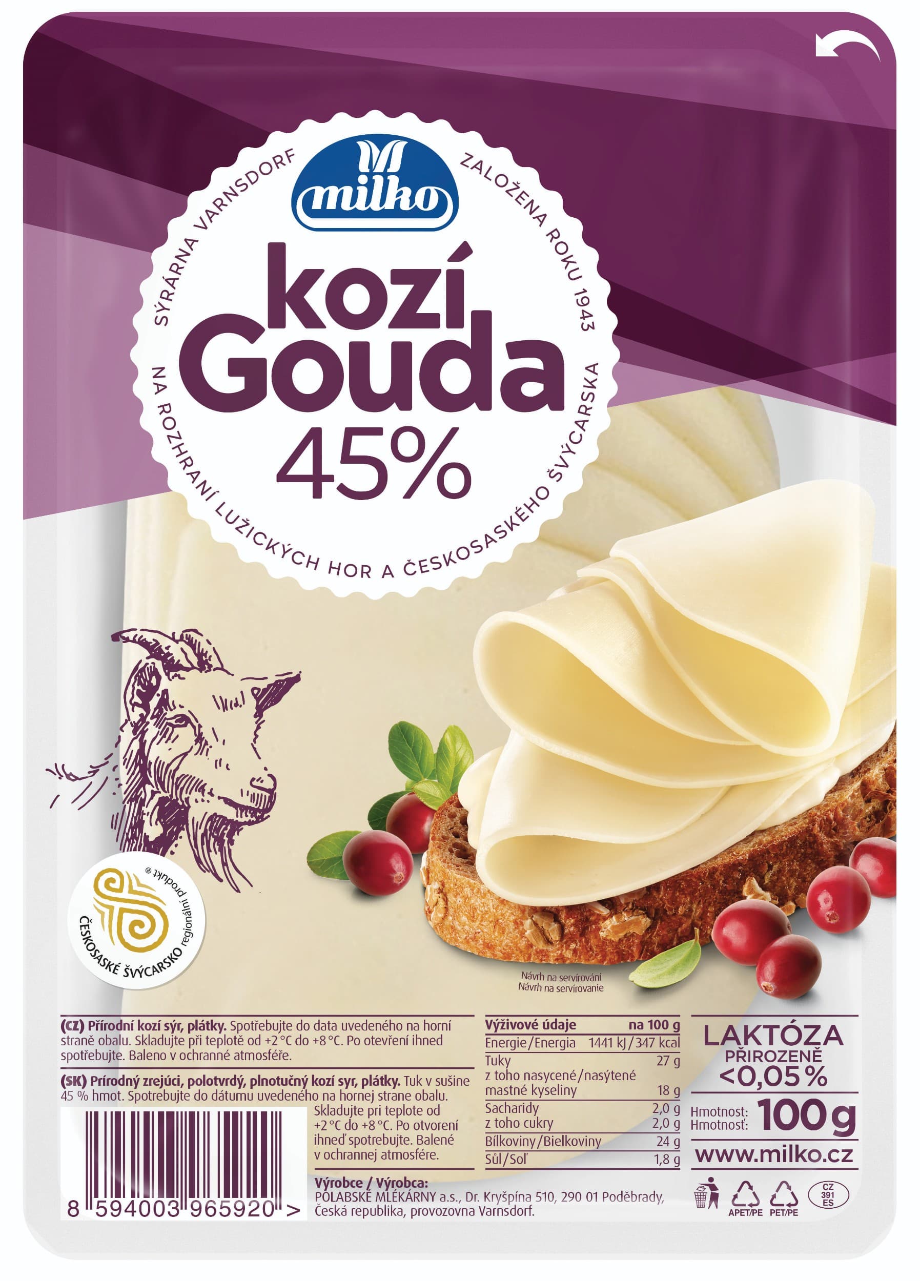 Milko Kozí gouda plátky 48% 100 g
