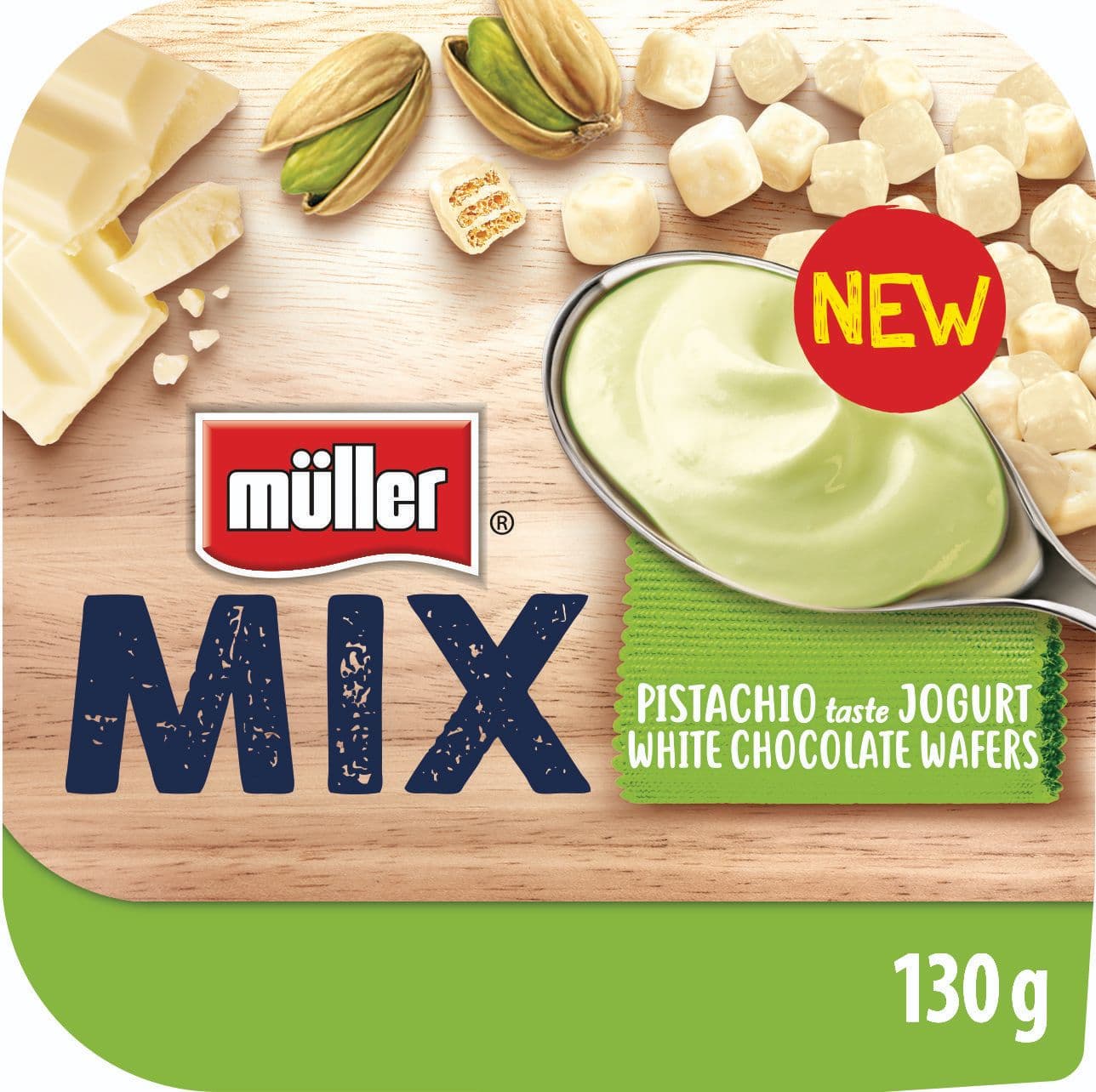 Müller Mix Jogurt pistácie + choco wafles 130 g