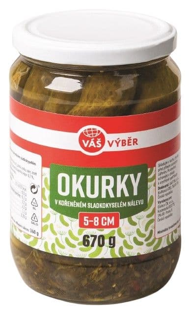 Váš Výběr Okurky (5-8cm) v kořeněném sladkokyselém nálevu 670g