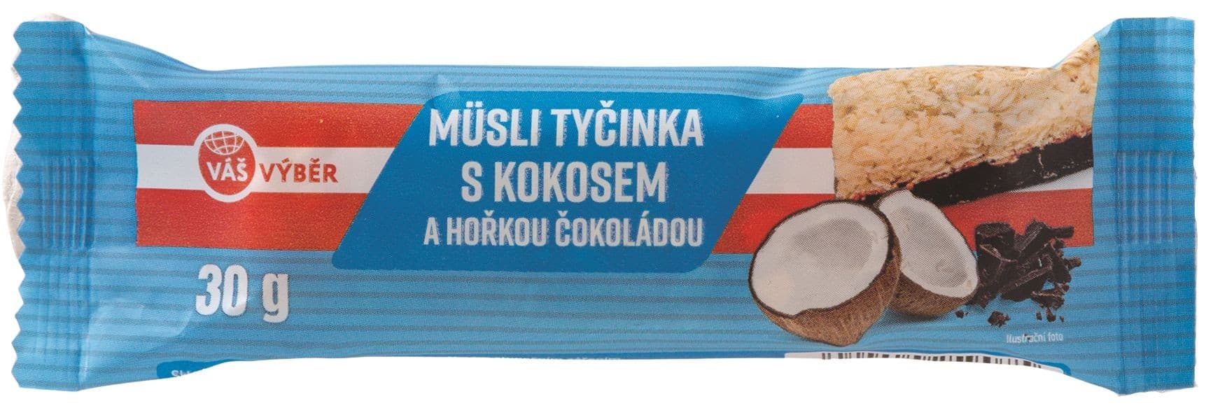 Váš Výběr Müsli tyčinka s kokosem polomáčená v hořké čokoládě 30g