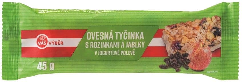 Váš Výběr Ovesná tyčinka s rozinkami a jablky polomáčená v jogurtové polevě 45g