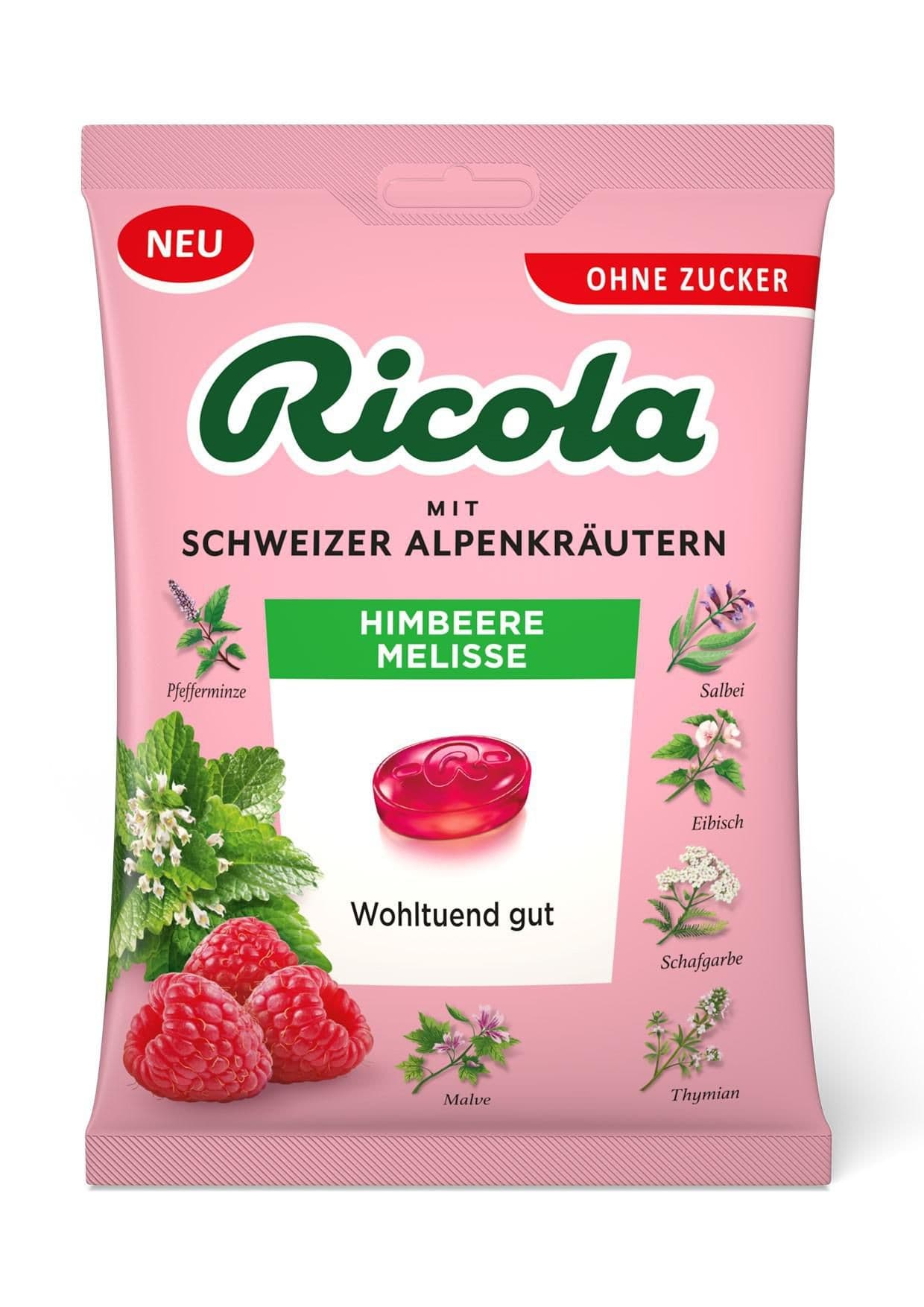 Ricola Malina Meduňka Švýcarské bylinné bonbóny bez cukru75g