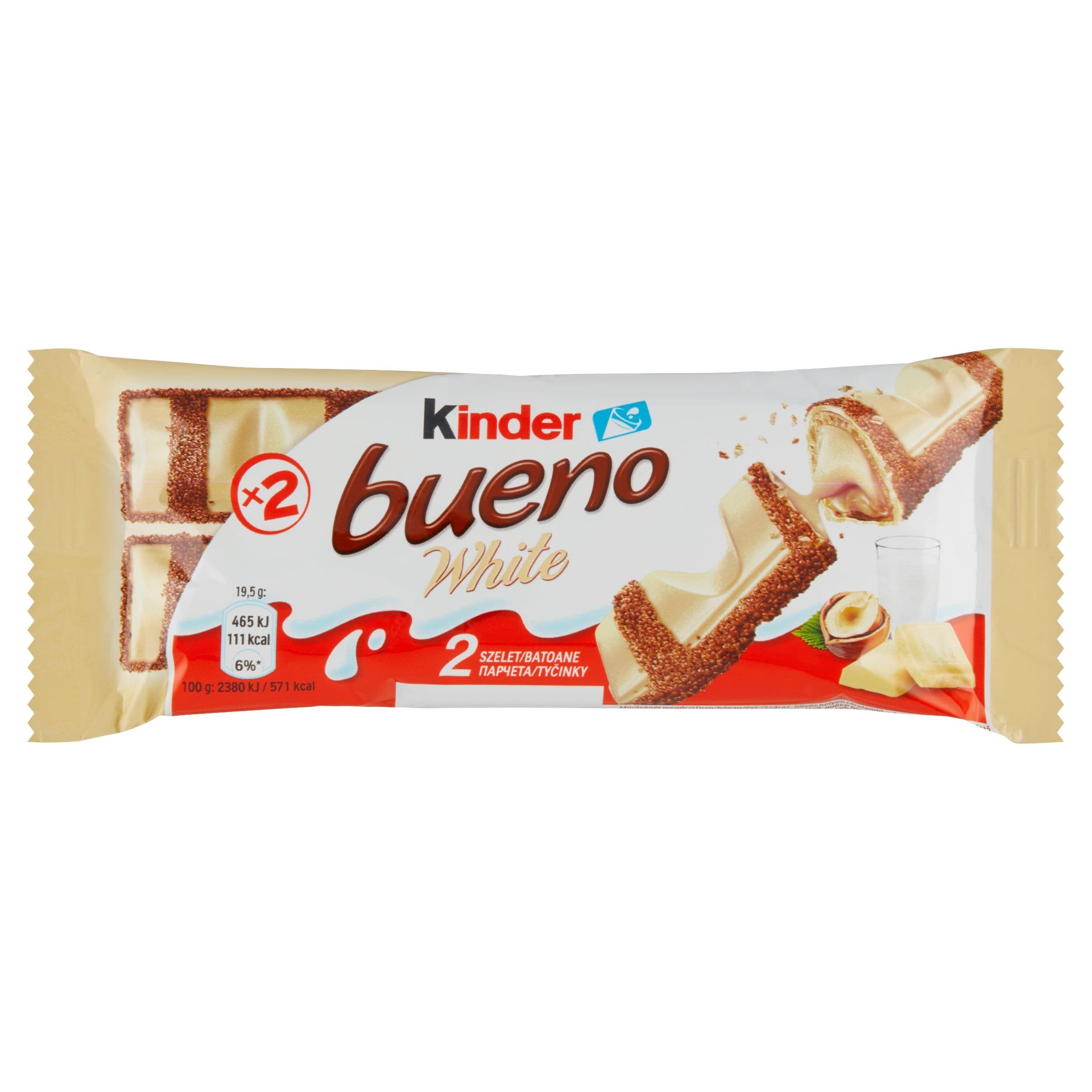 Kinder Bueno White oplatka s mléčnou a lískooříškovou náplní v polevě z bílé čokolády 2x19,5 g
