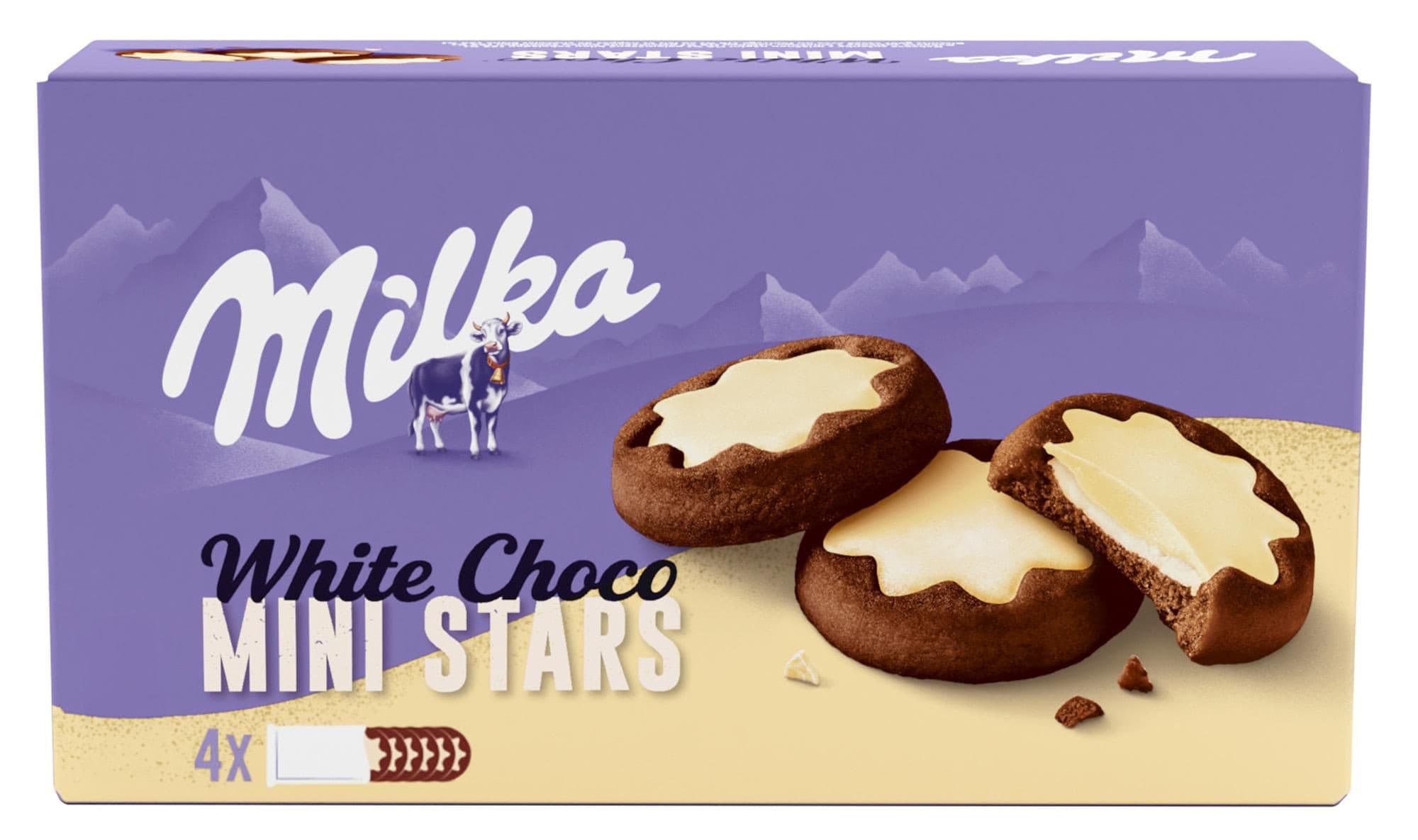 Milka sušenky White Choco Mini Stars kakaové, mléčná náplň a bílá čokoláda 150g