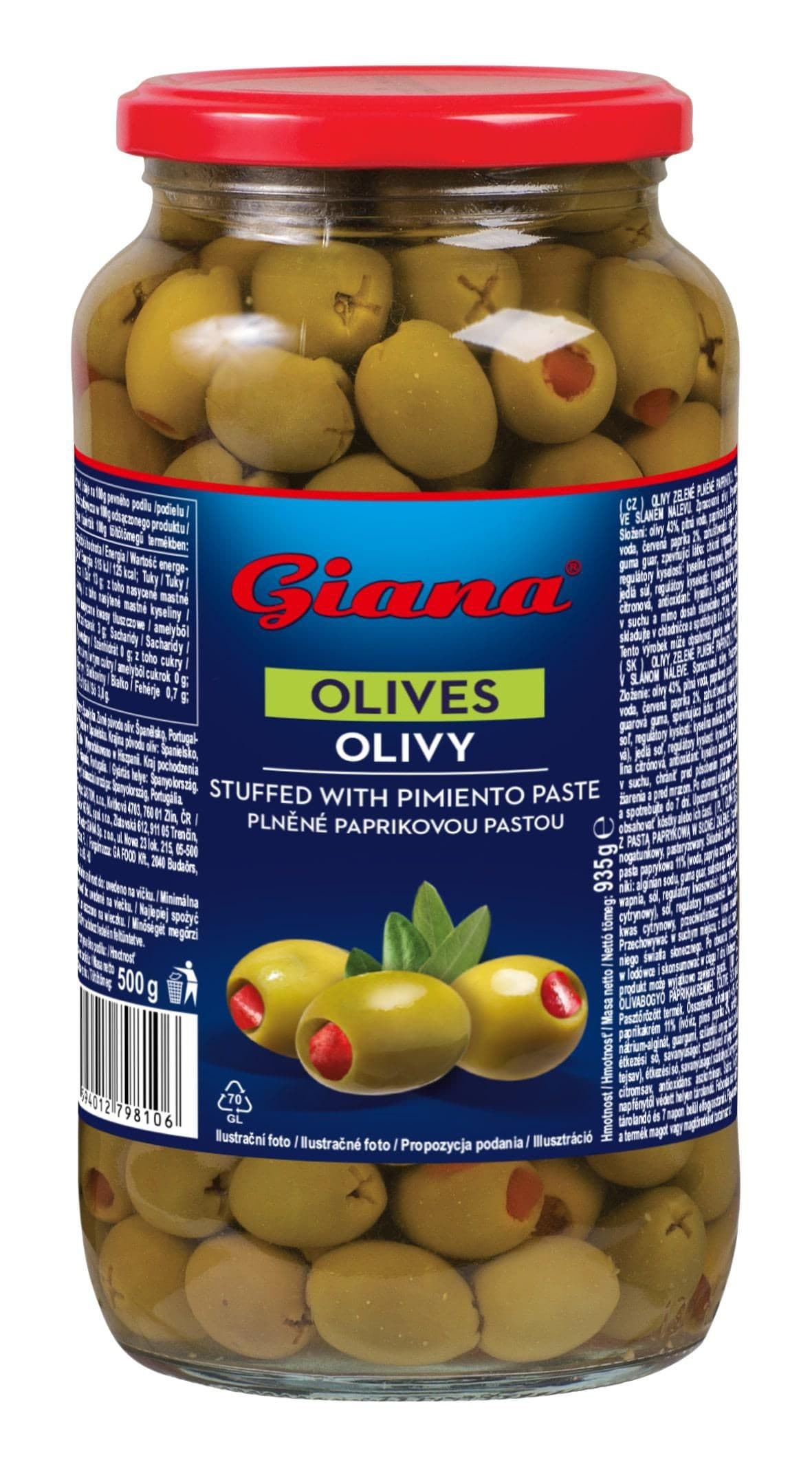 Giana Zelené olivy plněné paprikovou pastou 935g