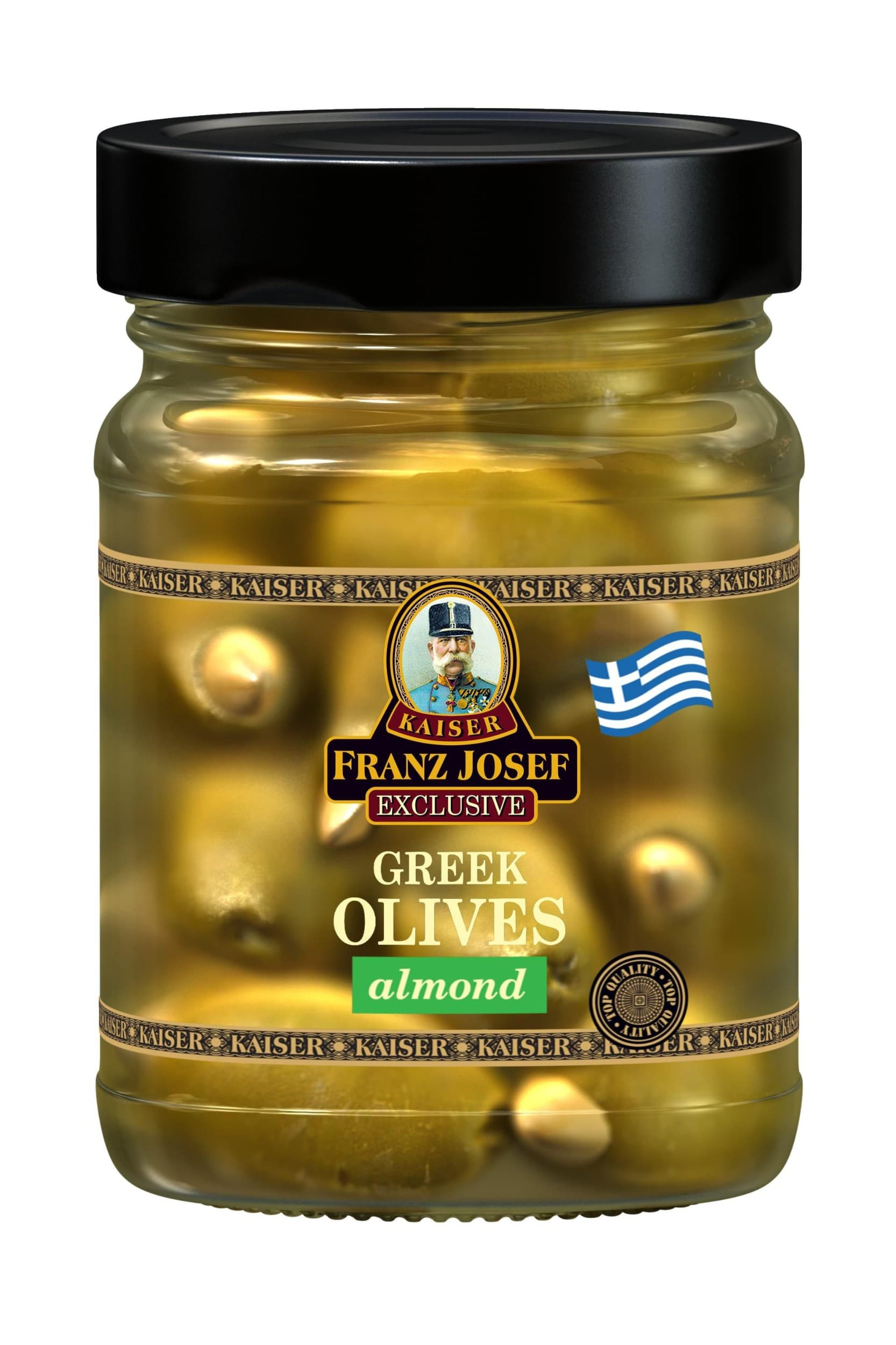 Franz Josef Kaiser Řecké zelené olivy plněné mandlemi ve slaném nálevu 250 g