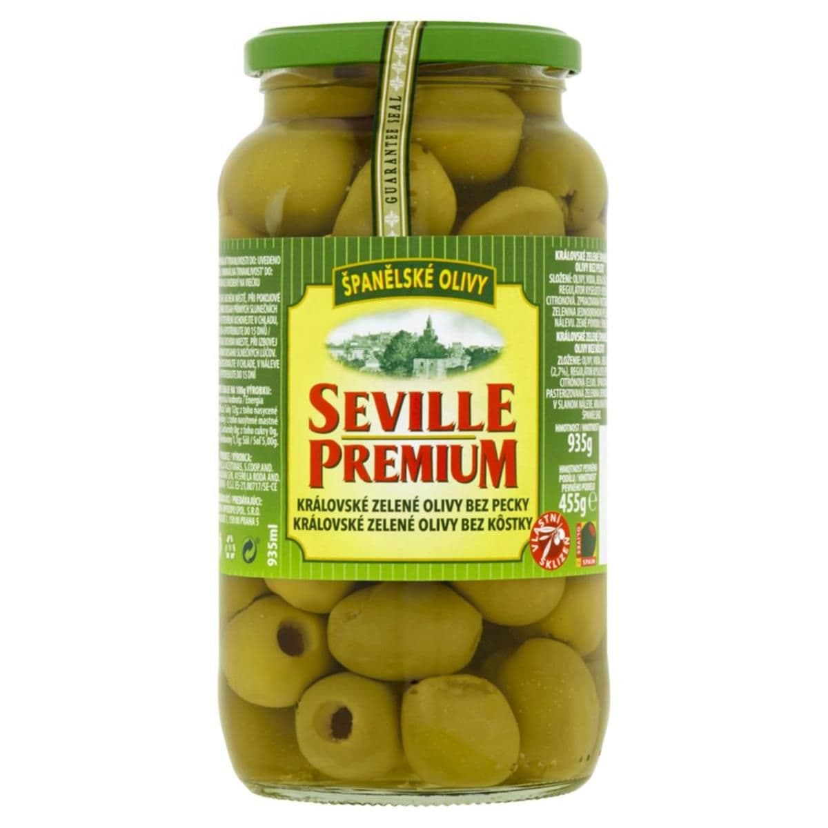 Seville Premium Královské zelené olivy bez pecky 935 g