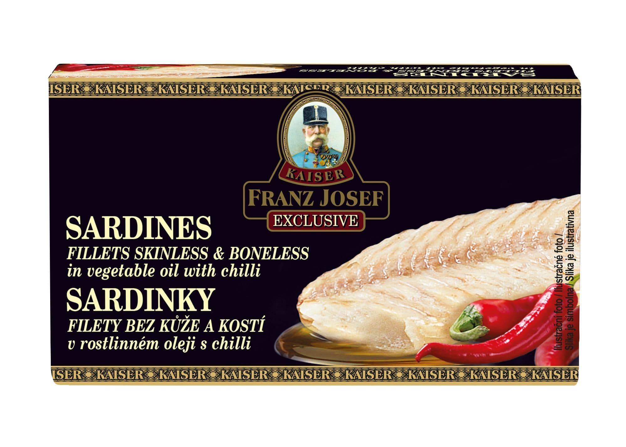 Franz Josef Kaiser Exclusive Sardinky filety bez kůže a kostí ve slunečnicovém oleji s chilli 90 g