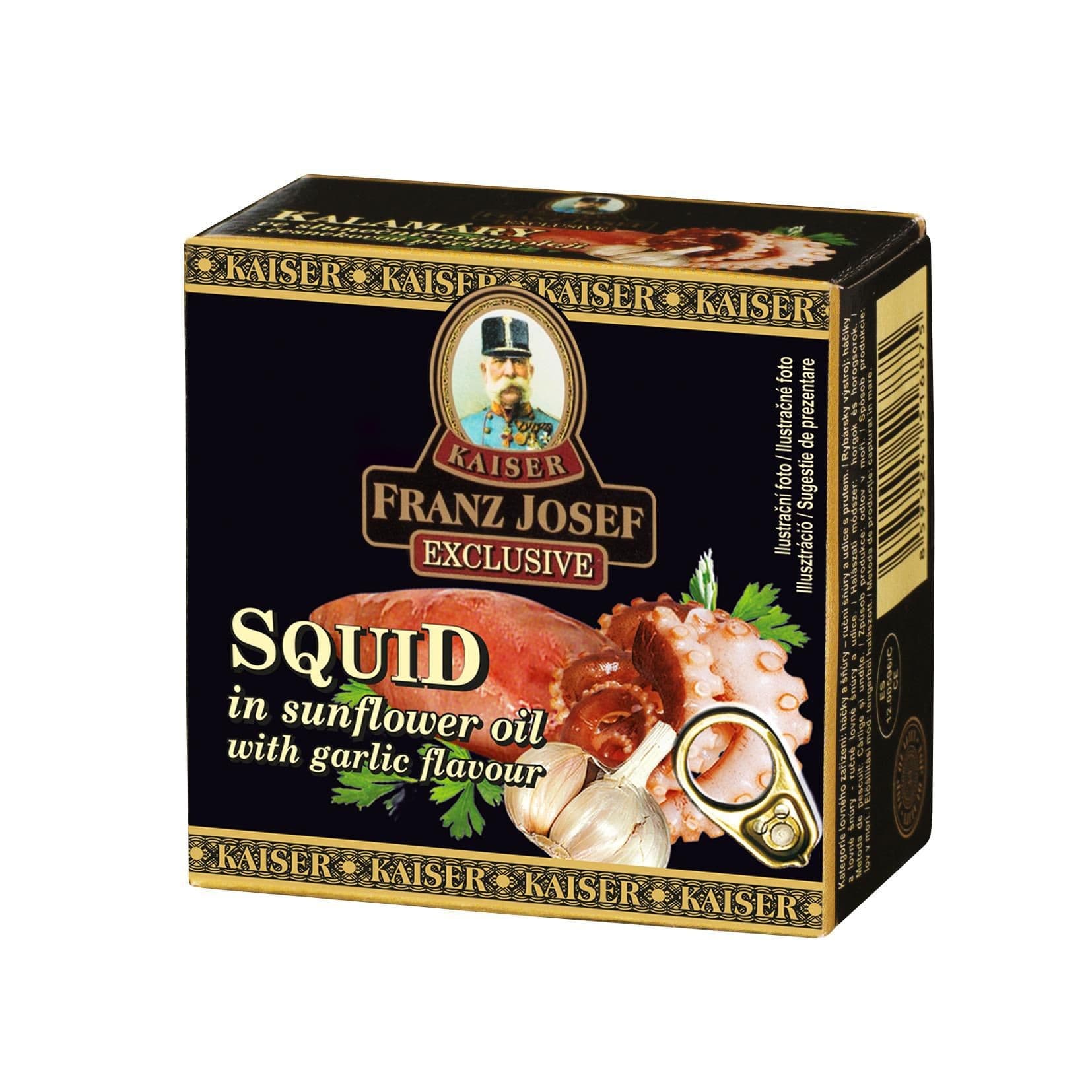 Franz Josef Kaiser Exclusive Kalamáry ve slunečnicovém oleji s česnekovou příchutí 80 g