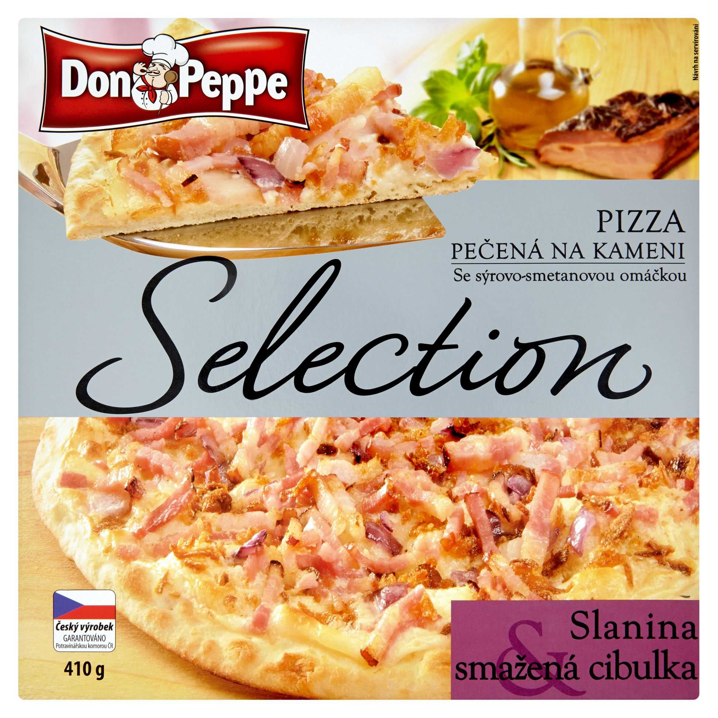Don Peppe Selection Pizza slanina & smažená cibulka pečená na kameni mražená 410 g
