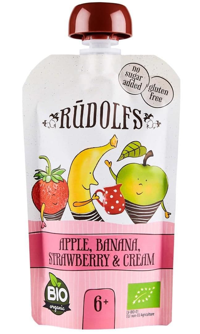 Rudolfs BIO kapsička Jablko, banán, jahoda se smetanou 6m+, 110 g