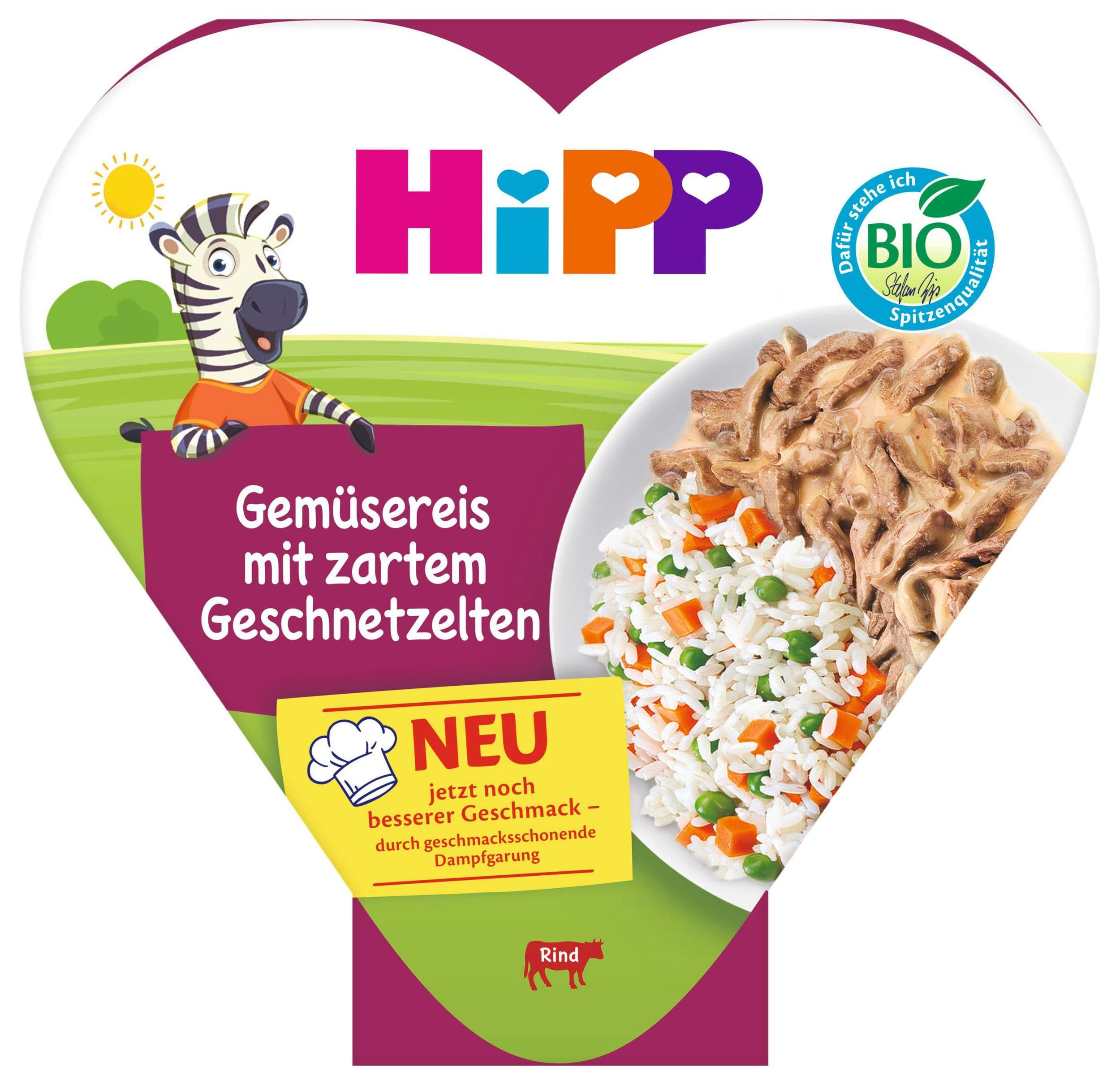 HiPP BIO Rýže se zeleninou a hráškem a jemně nakrájeným hovězím masem 250 g