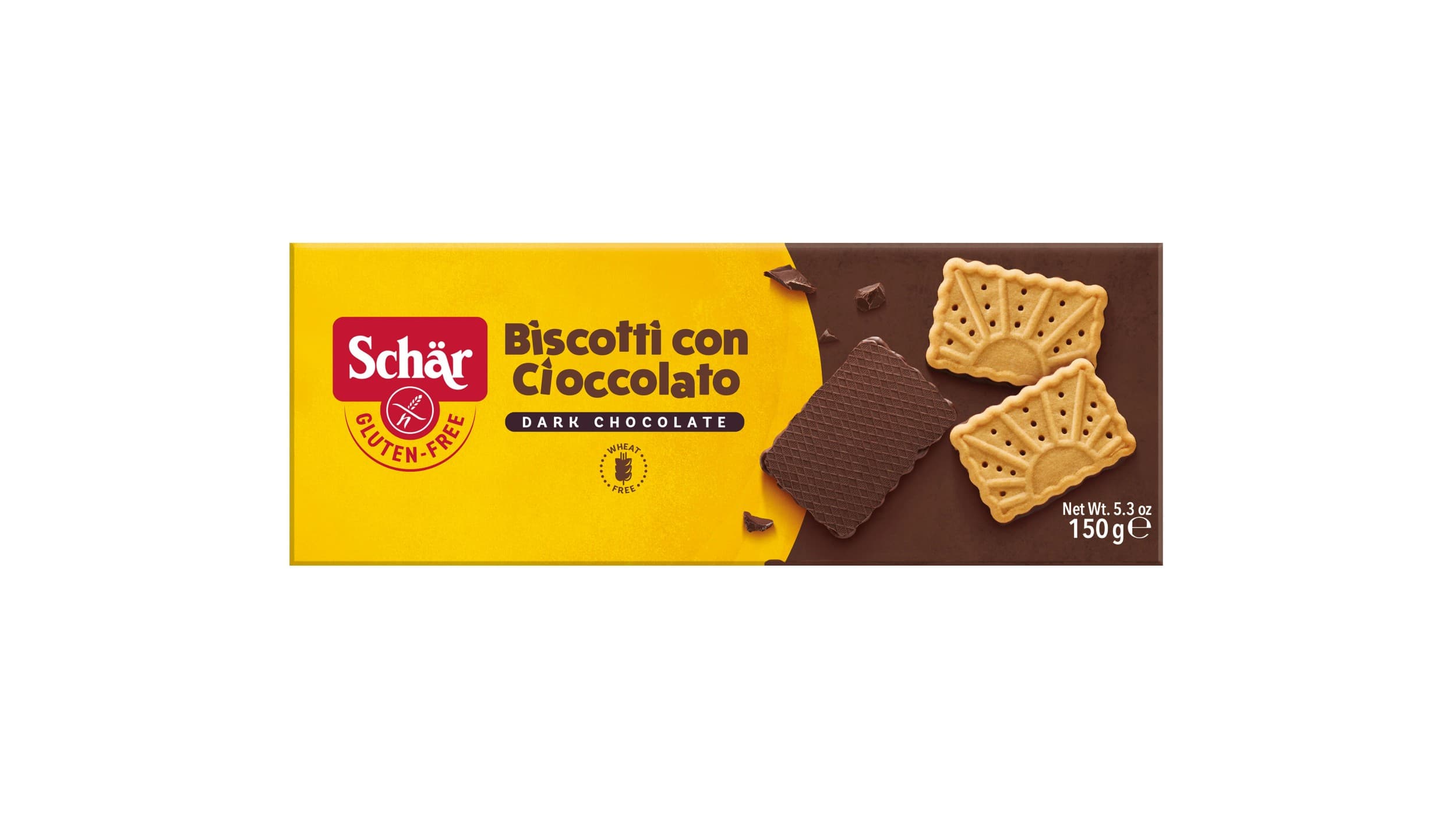 Schär Biscotti con Cioccolato sušenky bez lepku polomáčené v hořké čokoládě 150 g
