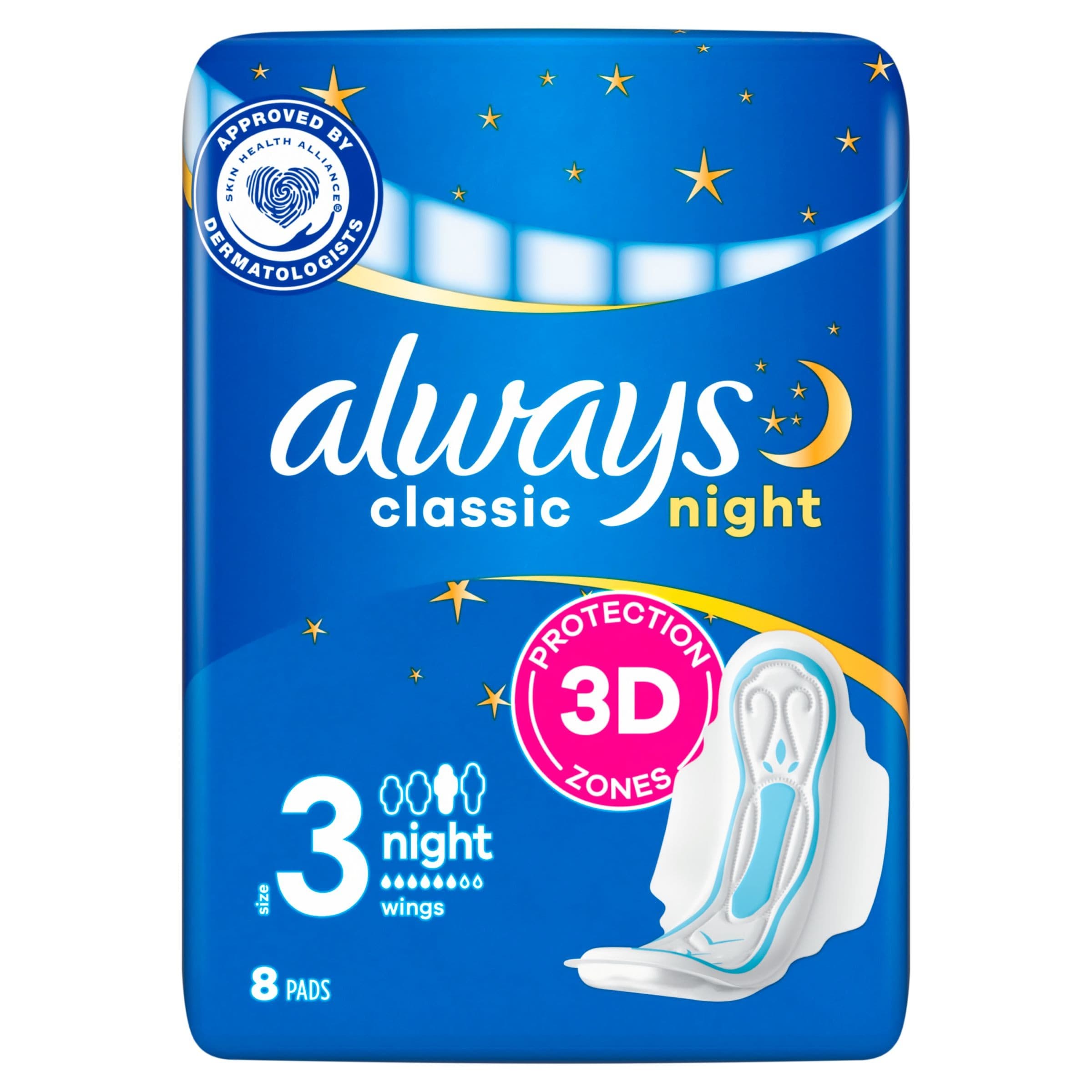 Always Classic Night Hygienické vložky velikost 3 s křidélky 8 ks