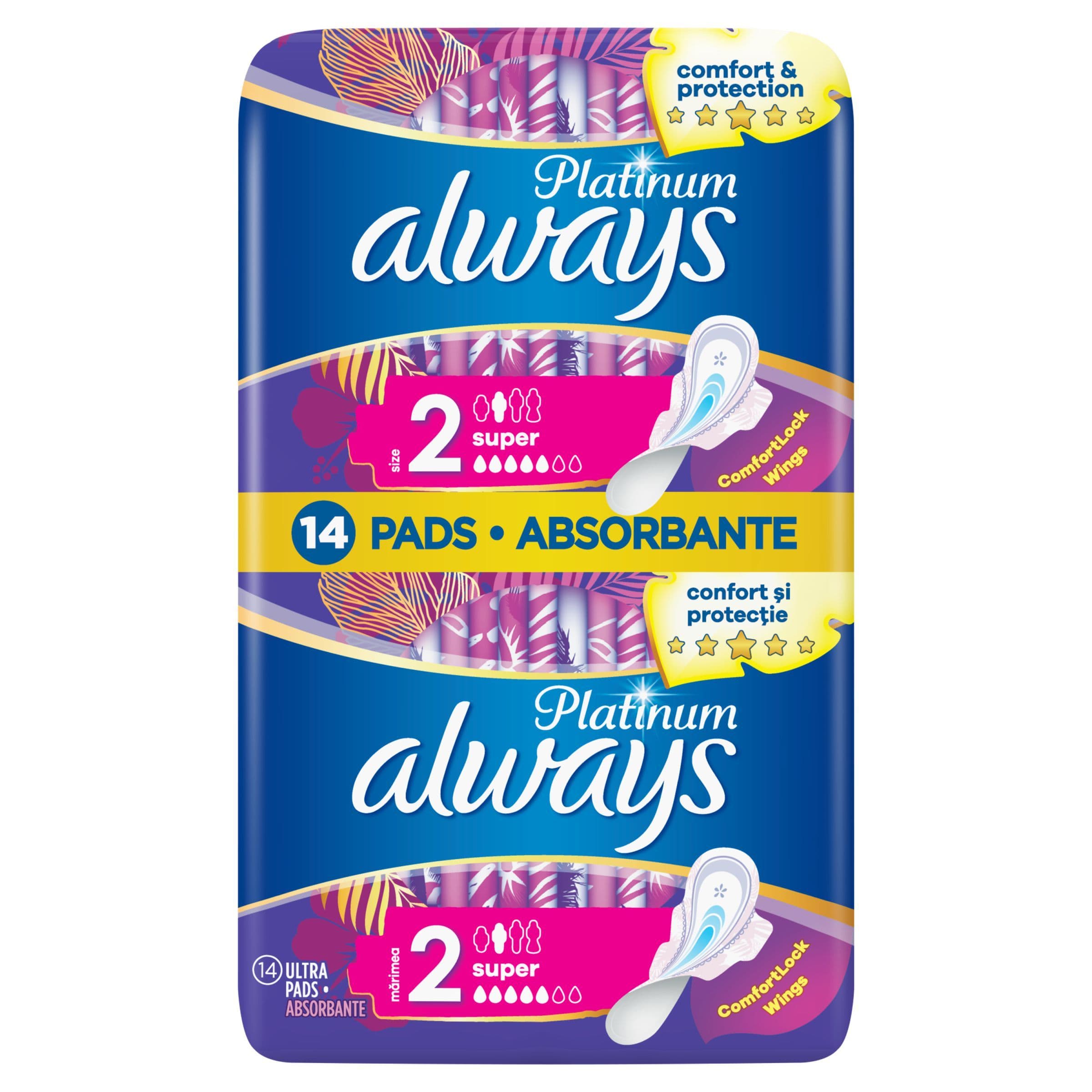 Always Platinum Super velikost 2 hygienické vložky s křidélky 14 ks