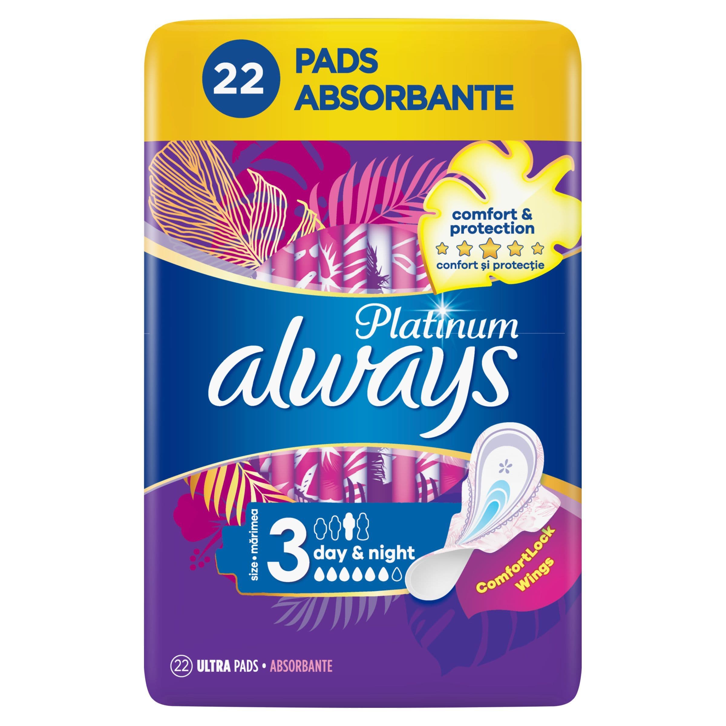 Always Platinum Day & Night (Velikost 3) Hygienické Vložky S Křidélky 22 Ks