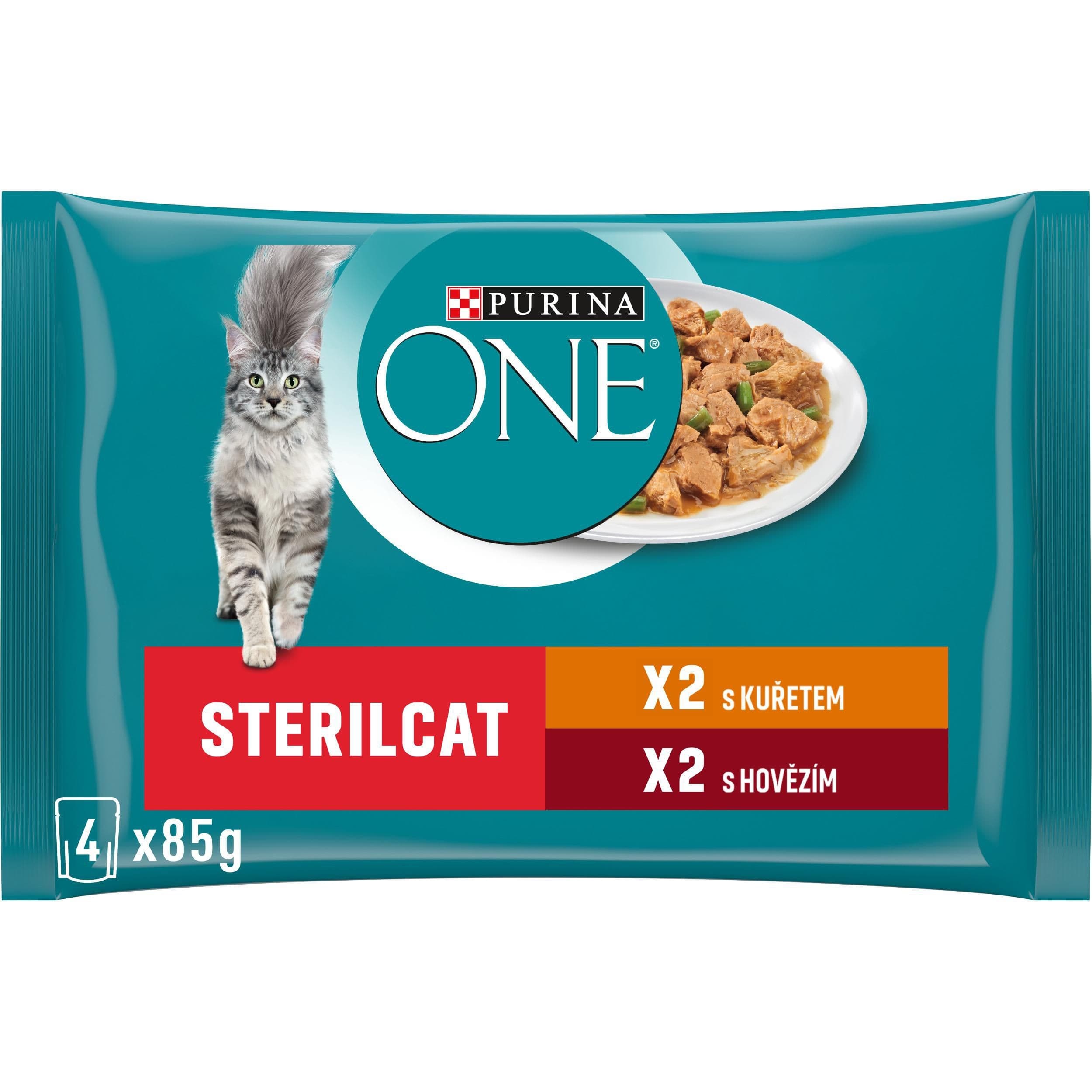 Purina ONE STERILCAT kapsičky s kuřetem a zelenými fazolkami, s hovězím a mrkví ve šťávě 4 x 85g