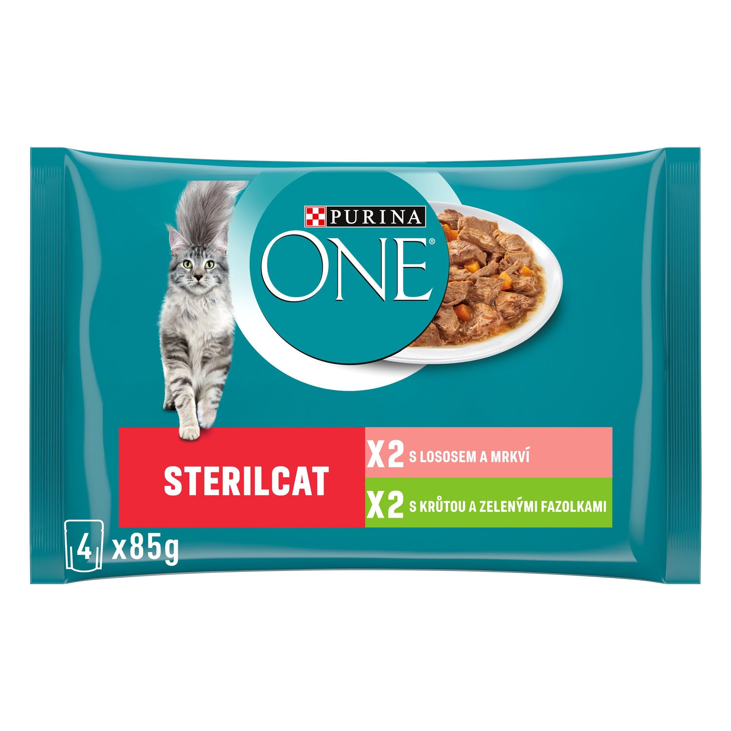 Purina ONE Kapsička s krůtou a zelenými fazolkami ve šťávě, s lososem a mrkví ve šťávě 4 x 85g