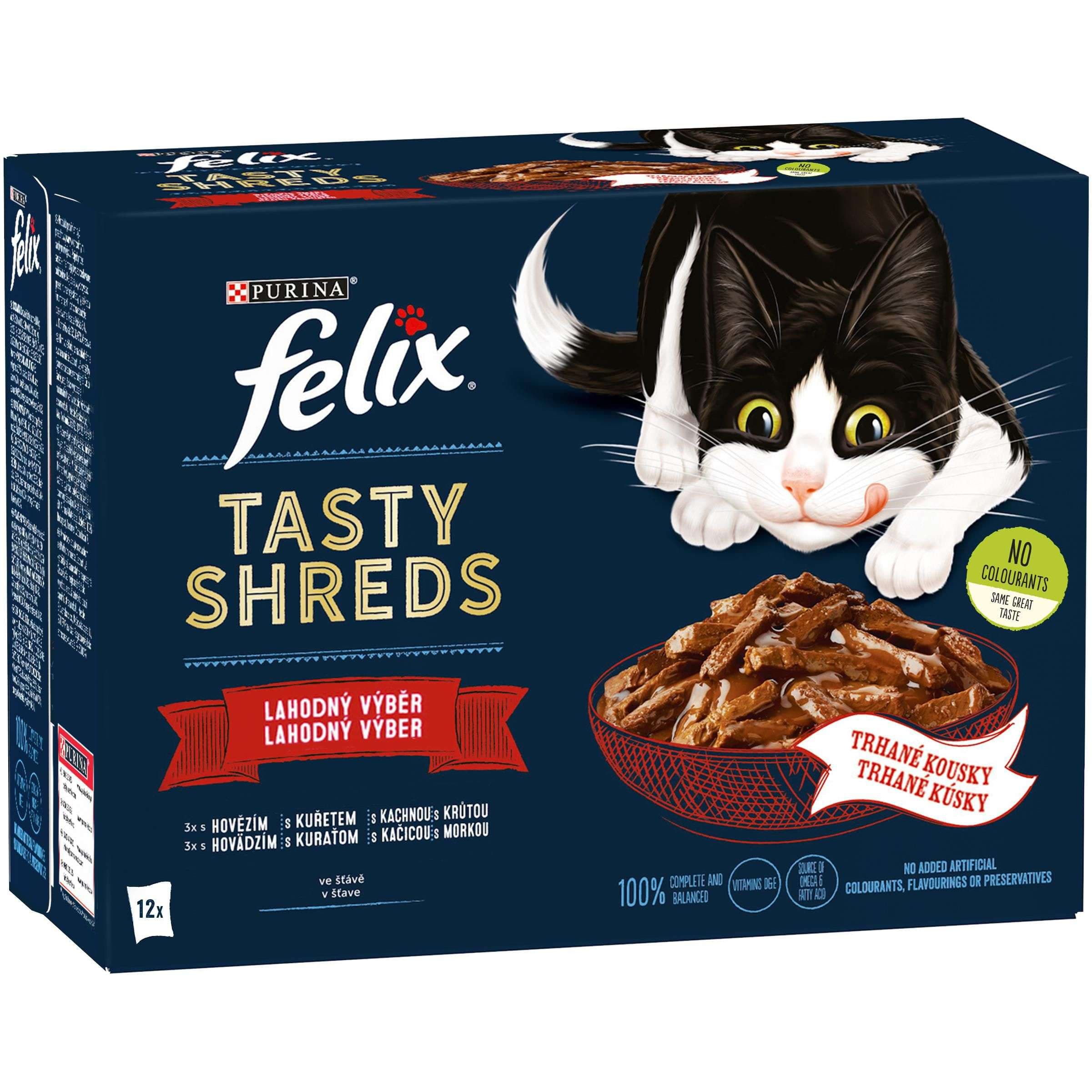 Felix Tasty Shreds hovězí, kuře, kachna, krůta ve šťávě 12x80g