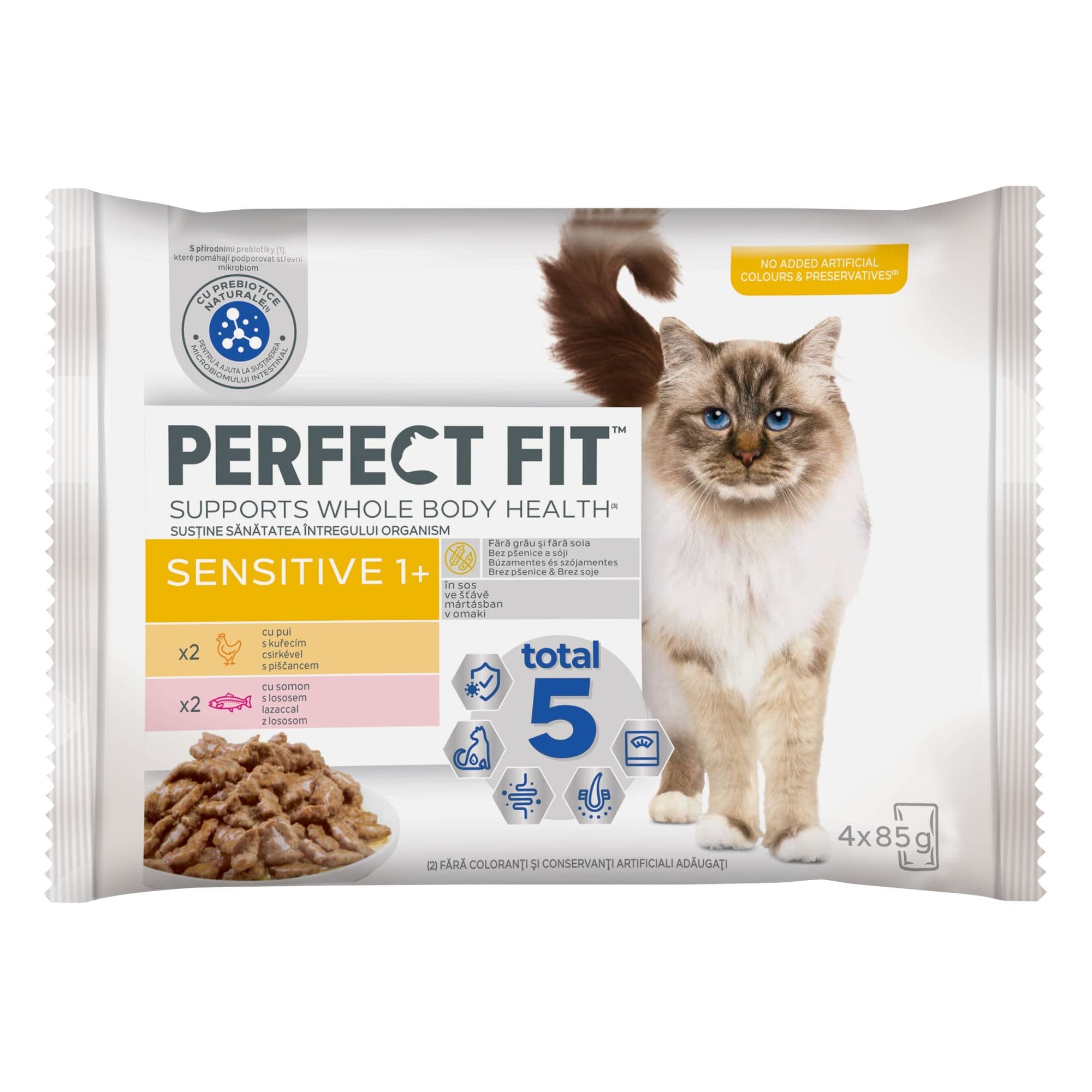 Perfect Fit Sensitive kapsičky s kuřecím a lososem pro dospělé kočky s citlivým zažíváním 4x 85 g