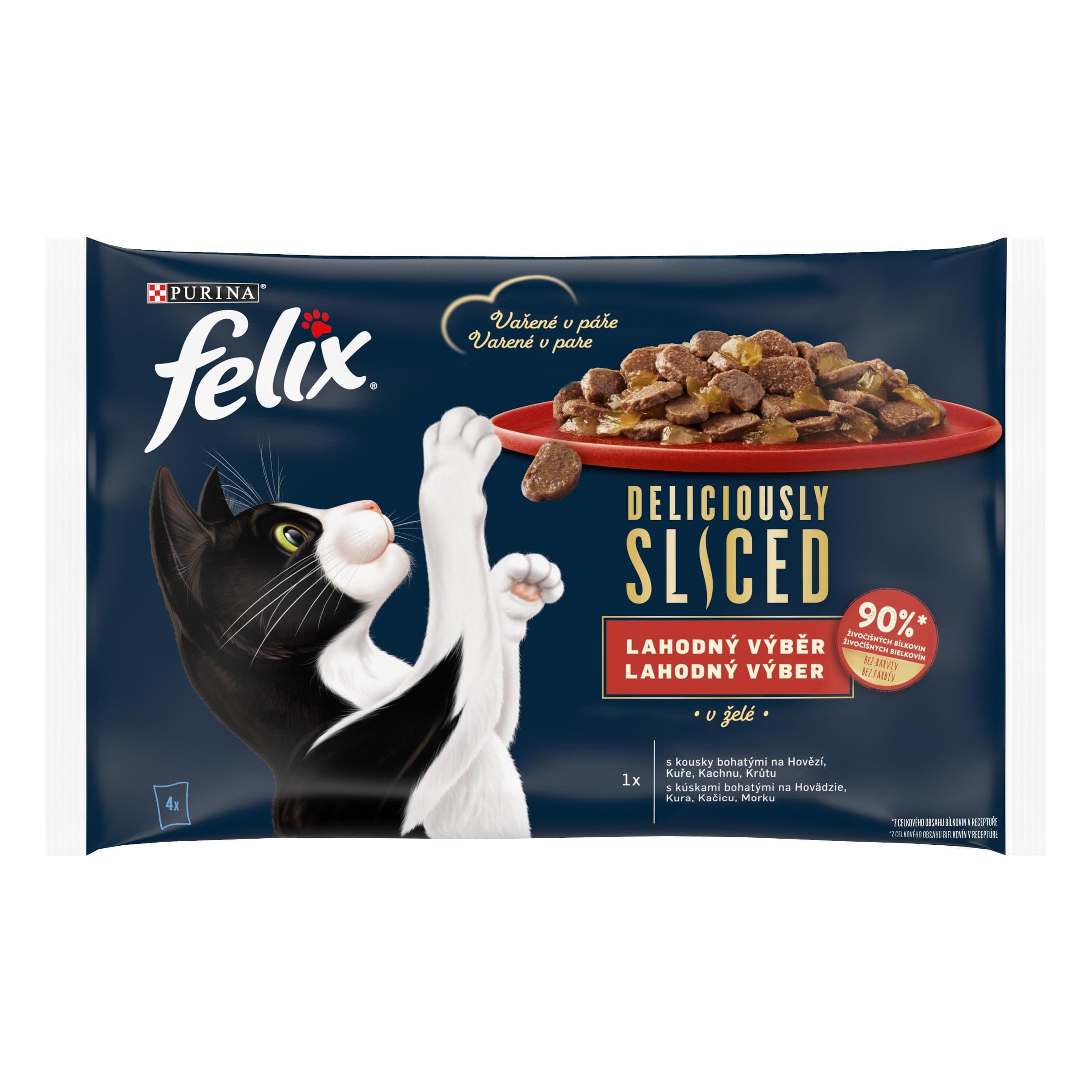 Felix Deliciously Masové kousky v želé s příchutí hovězího, kuřecího, kachního a krůtího masa 4 x 80 g
