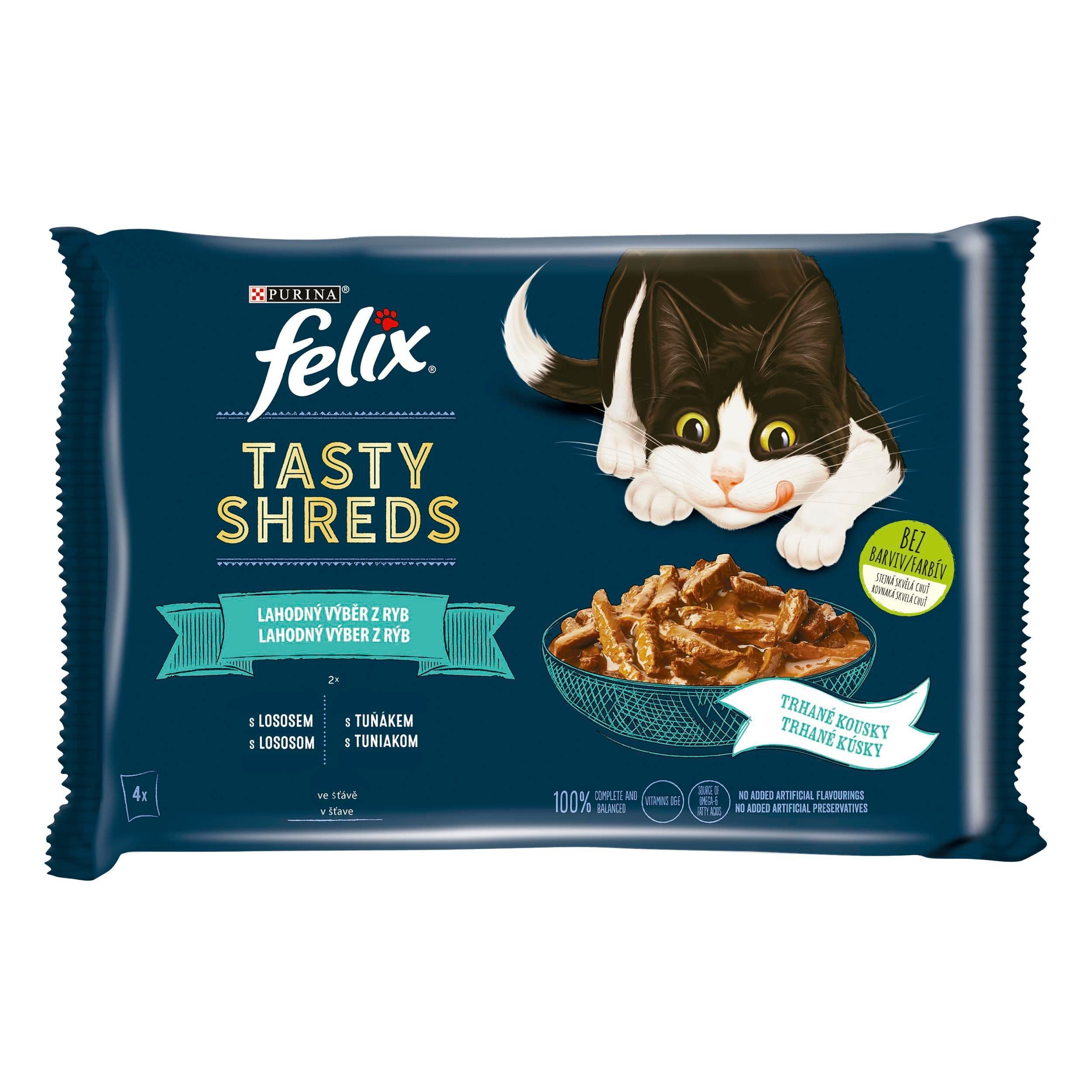 Felix Tasty Shreds s lososem a tuňákem ve šťávě 4x80g