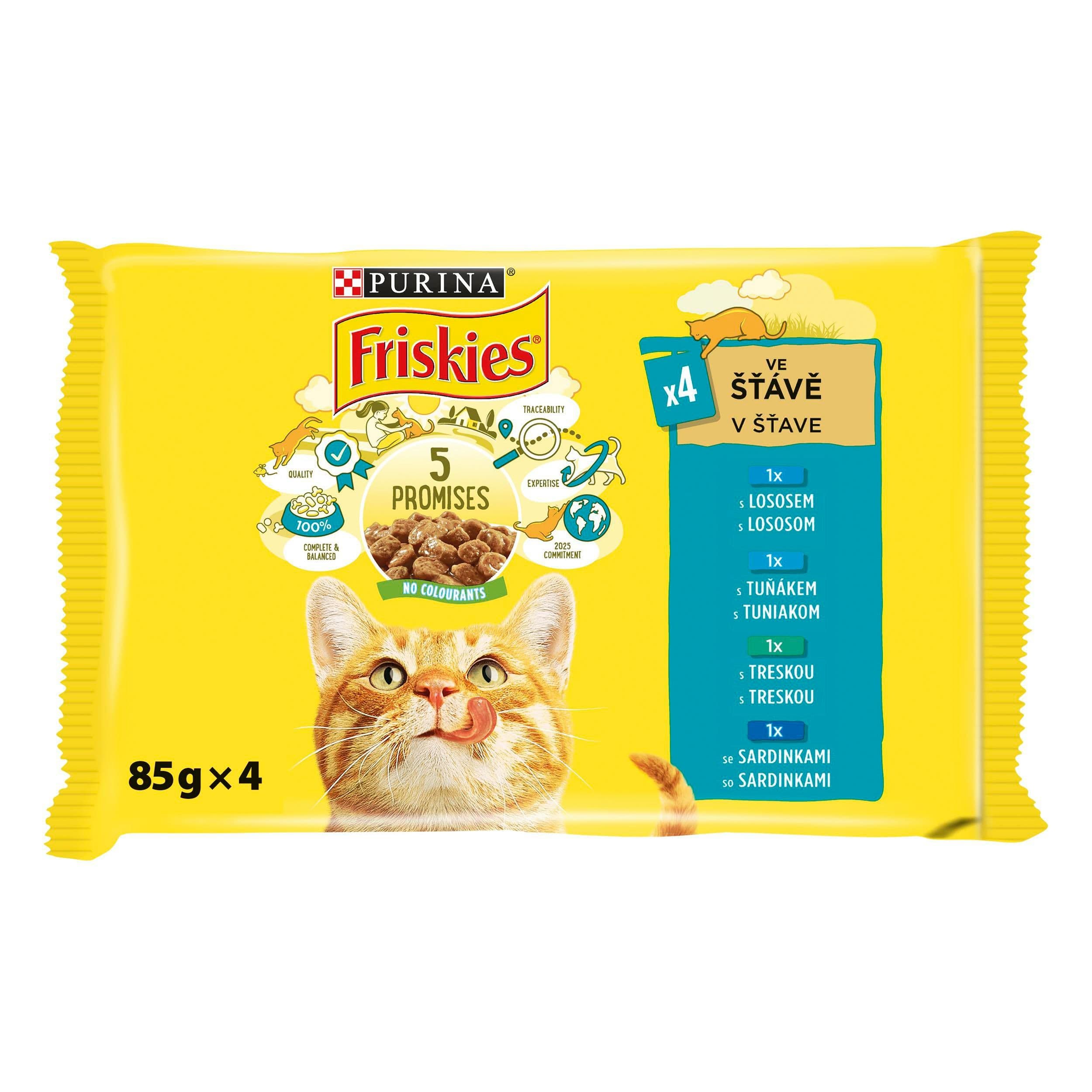Purina Friskies Multibalení s lososem, s tuňákem, s treskou a se sardinkami ve šťávě 4 x 85g